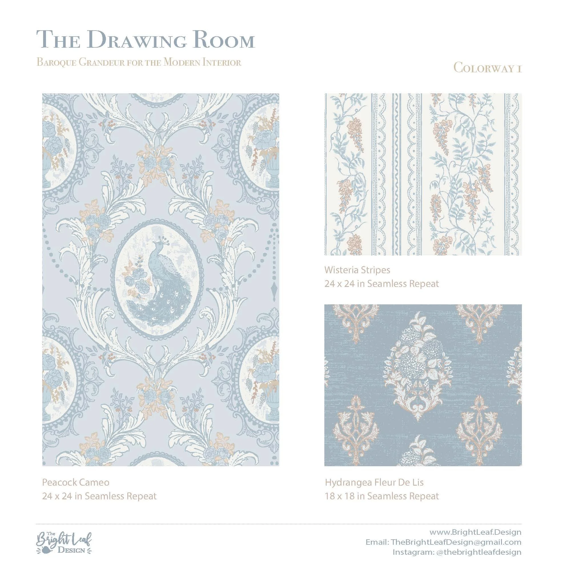 The Drawing Room baroque peacock medallion wallpaper in powder blue and cream displayed in an elegant entryway with white paneling and console table by The Bright Leaf Design