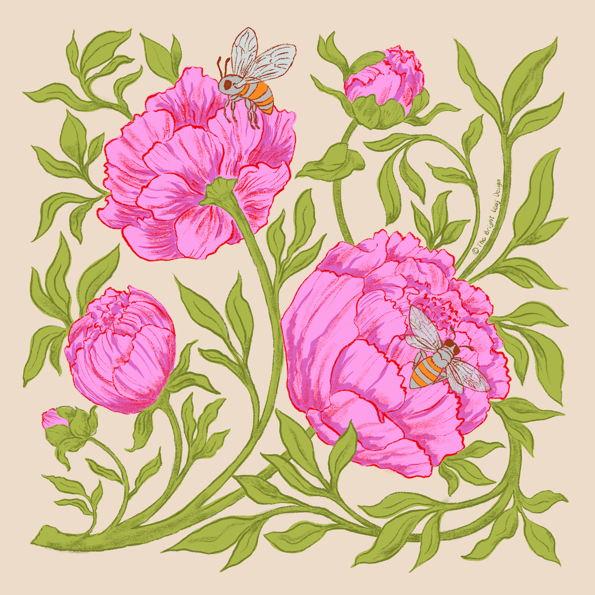 April Art Nouveau botanical illustration — hot pink peonies and honeybees in pink and olive green by Jean Pham The Bright Leaf Design