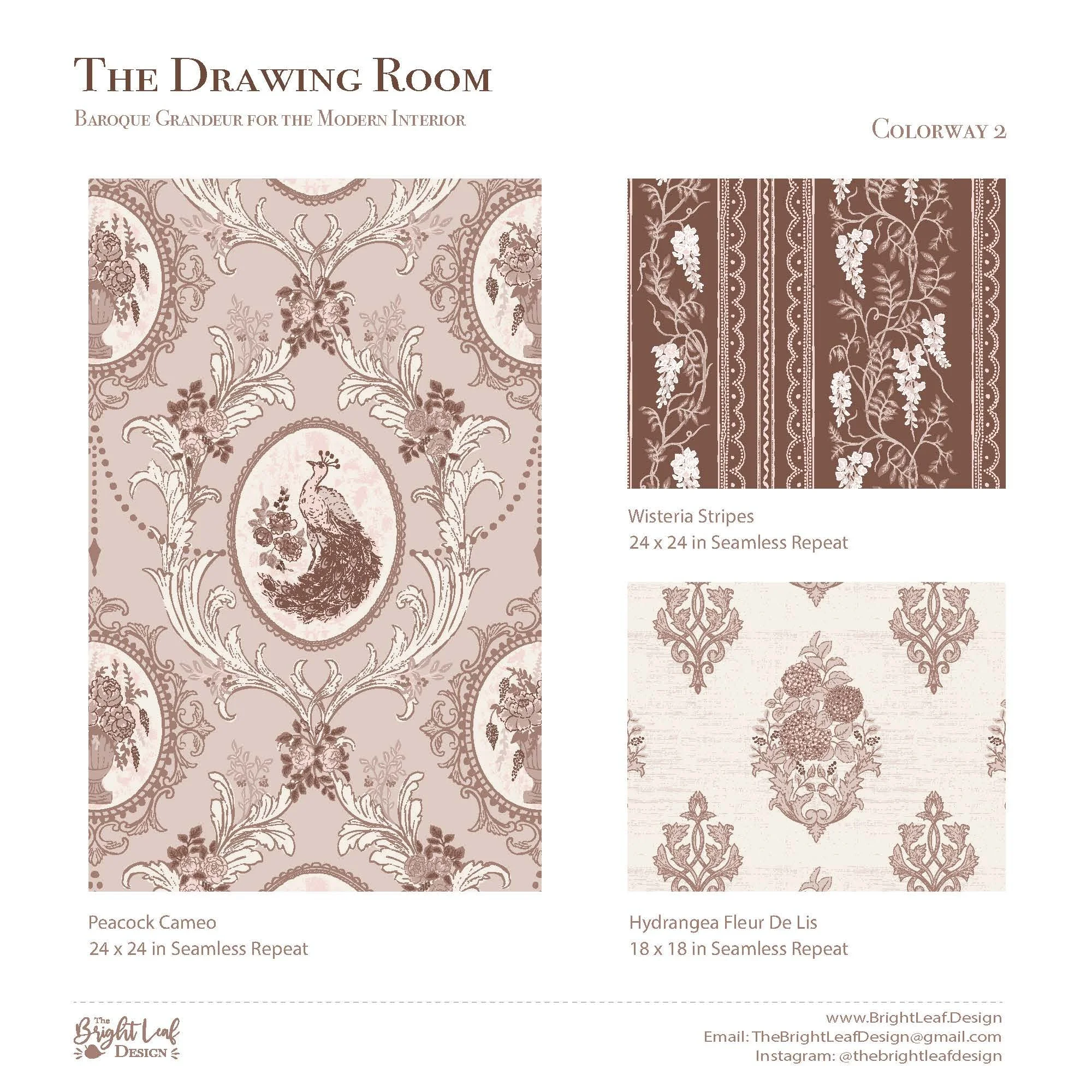The Drawing Room baroque peacock medallion pattern in warm mauve and chocolate colorway by The Bright Leaf Design