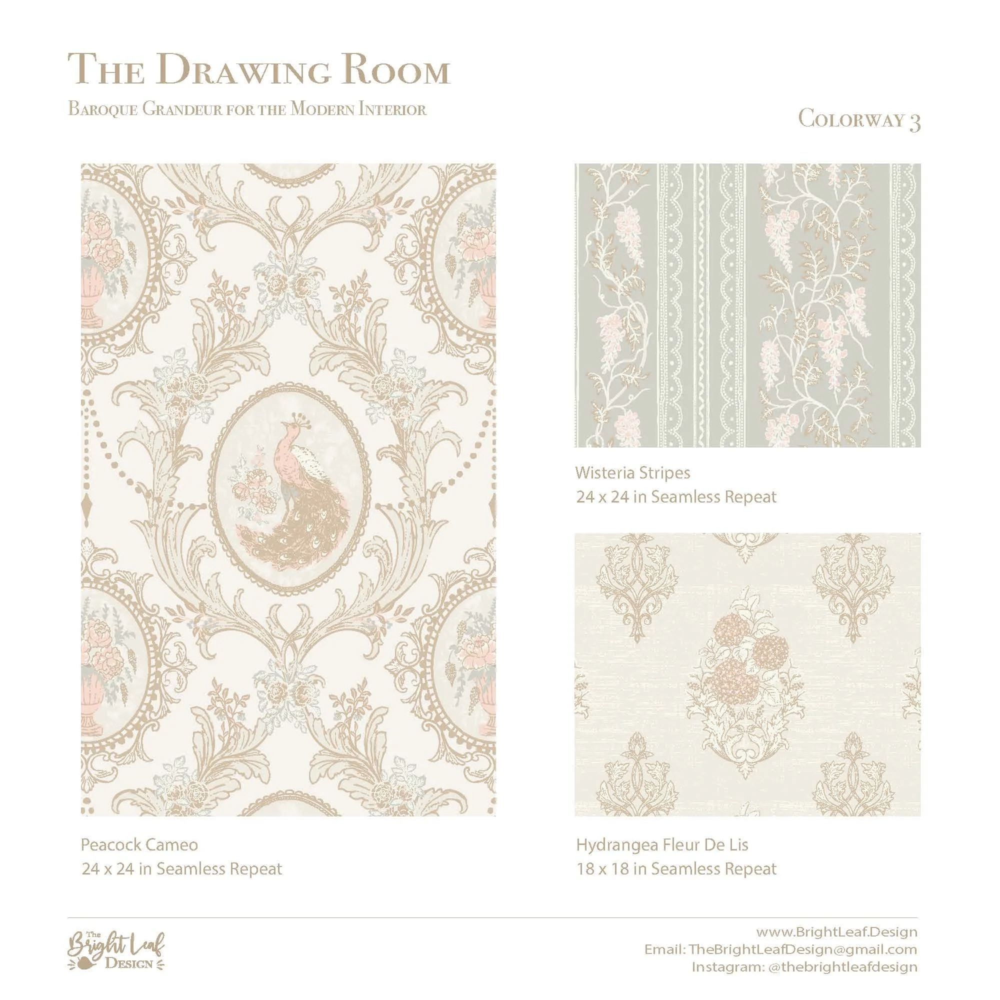 The Drawing Room baroque peacock medallion pattern in sage grey and blush colorway by The Bright Leaf Design