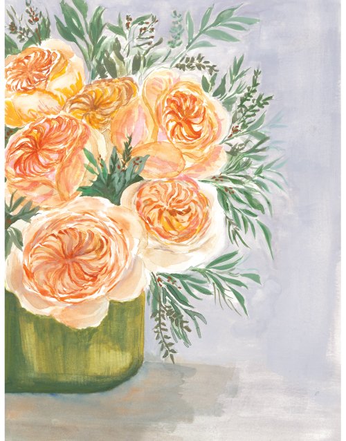 Peach garden roses watercolor illustration with lush foliage in a green vase against a soft grey background by Jean Pham The Bright Leaf Design