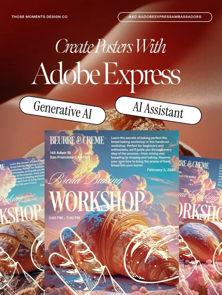 I used Generative AI + AI Assistant to make these posters for Beurre &amp; Creme&rsquo;s new baking class on @adobeexpress, and it&rsquo;s seriously the easiest thing ever.

Swipe through and I&rsquo;ll show you how I went from a blank template &rarr
