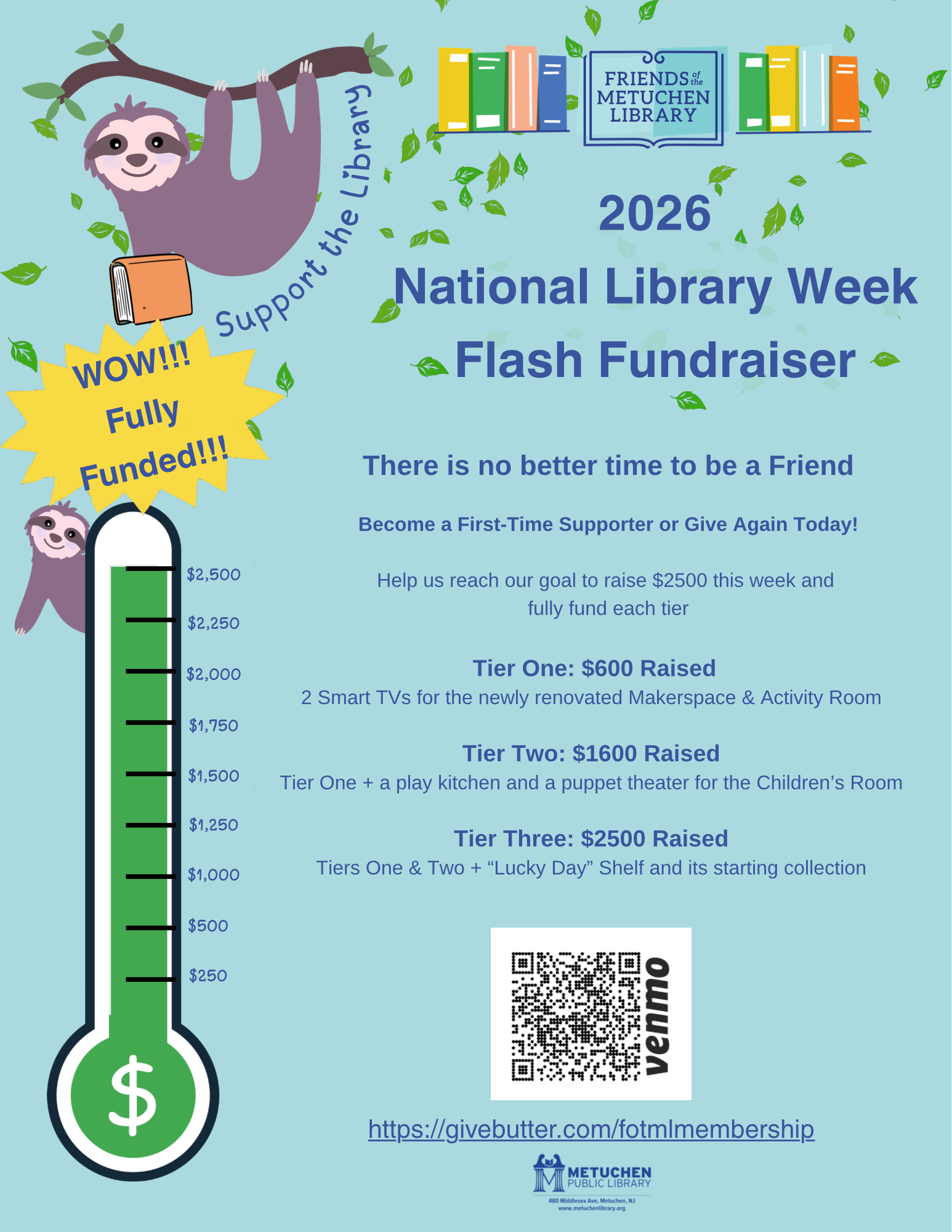 You continue to amaze us Metuchen. Through your generosity, our 2026 National Library Week Flash Fundraiser has been fully funded allowing the library to purchase all three tiers of their wish list. Thank you to everyone for your incredible support.
