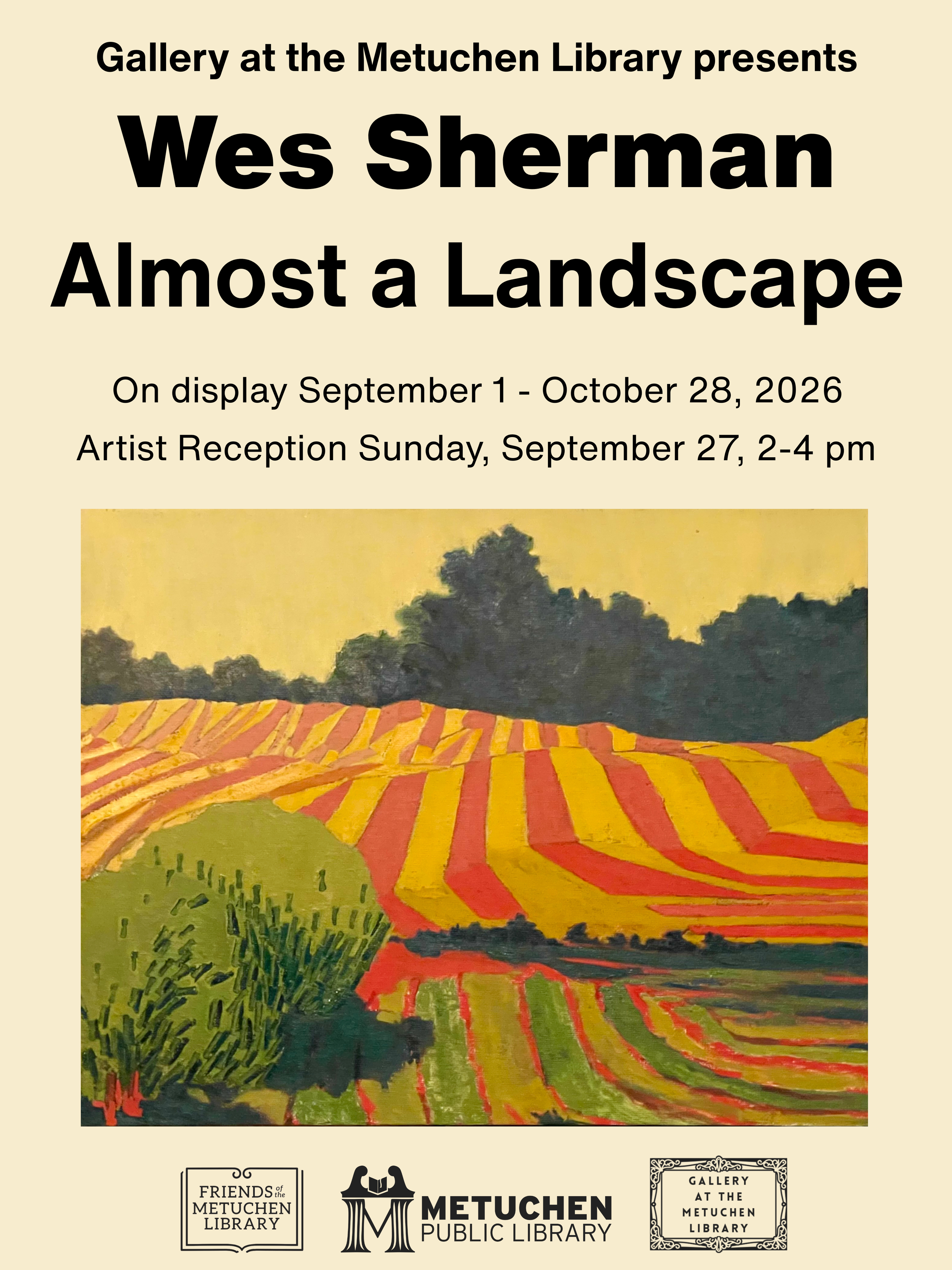 The familiar language of landscape - sky water, trees, a horizon. Across these spaces marks and symbols emerge like traces of another language, woven in the terrain and interrupting what might otherwise seem known. The Gallery at the Metuchen Library