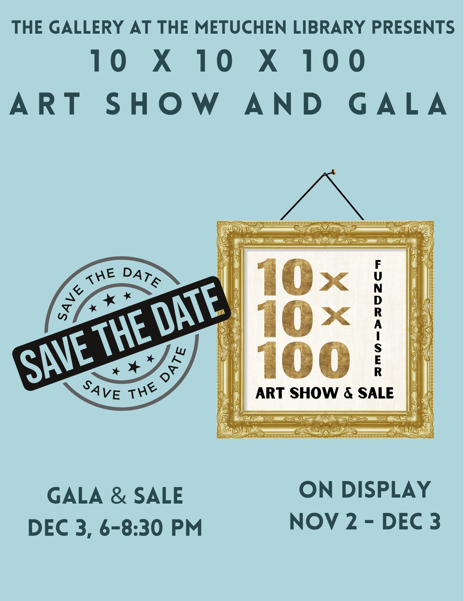 Save the date! Thursday, December 3, 6-8:30 pm. It's our Annual 10x10x100 Art Show & Gala. Come check out the incredible art created by the artists in our community. It's a fun and festive night. Mix, mingle and maybe find a lovely new art addition f