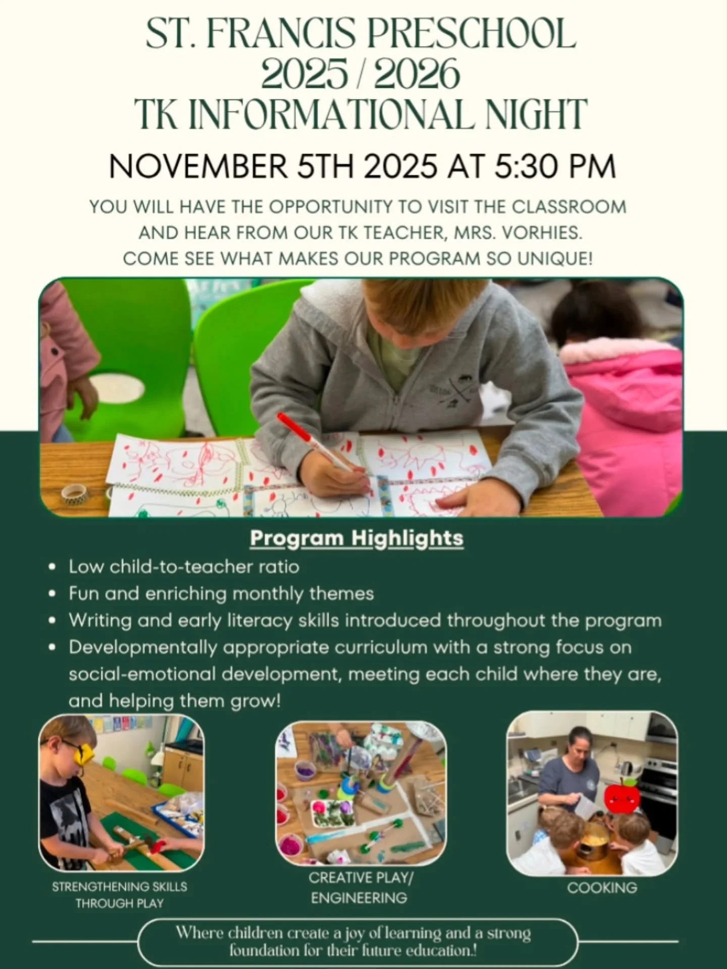 Join us tomorrow night, 11/5 at 5:30pm and learn more about our TK program! Meet TK teacher Shoshannah Vorhies and hear about how our TK program is different from any other. There is absolutely no commitment in coming and asking any and all questions