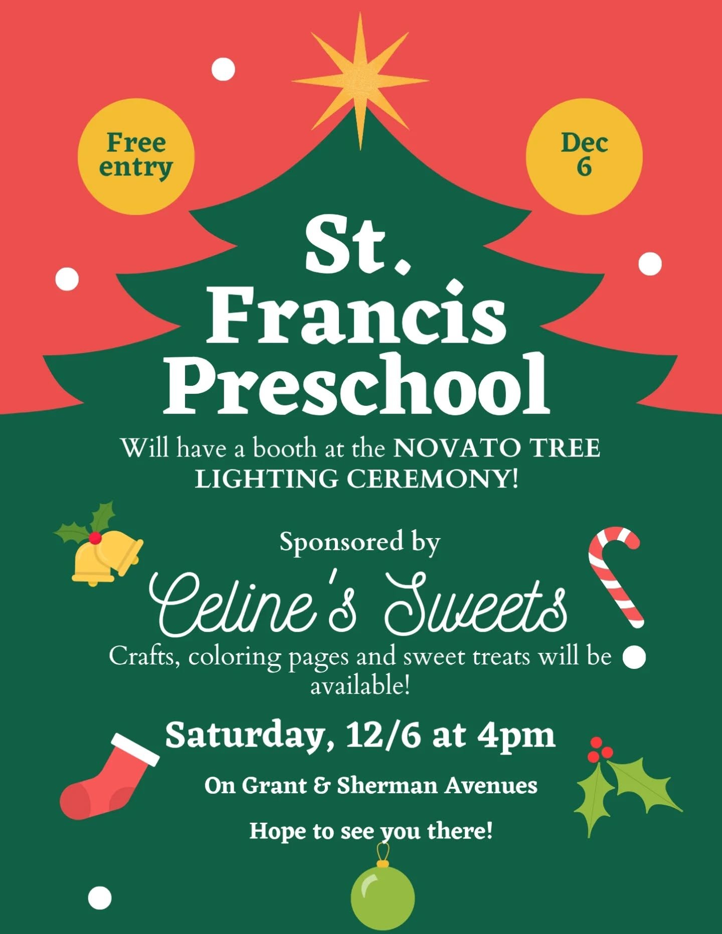 Come see us THIS SATURDAY, December 6 at the Novato Tree Lighting Ceremony! 🎄We will have a booth with crafts, coloring pages, and sweet treats! A big thank you to our sponsor this year, Celine's Sweets! Thank you so much for supporting us! Come by 