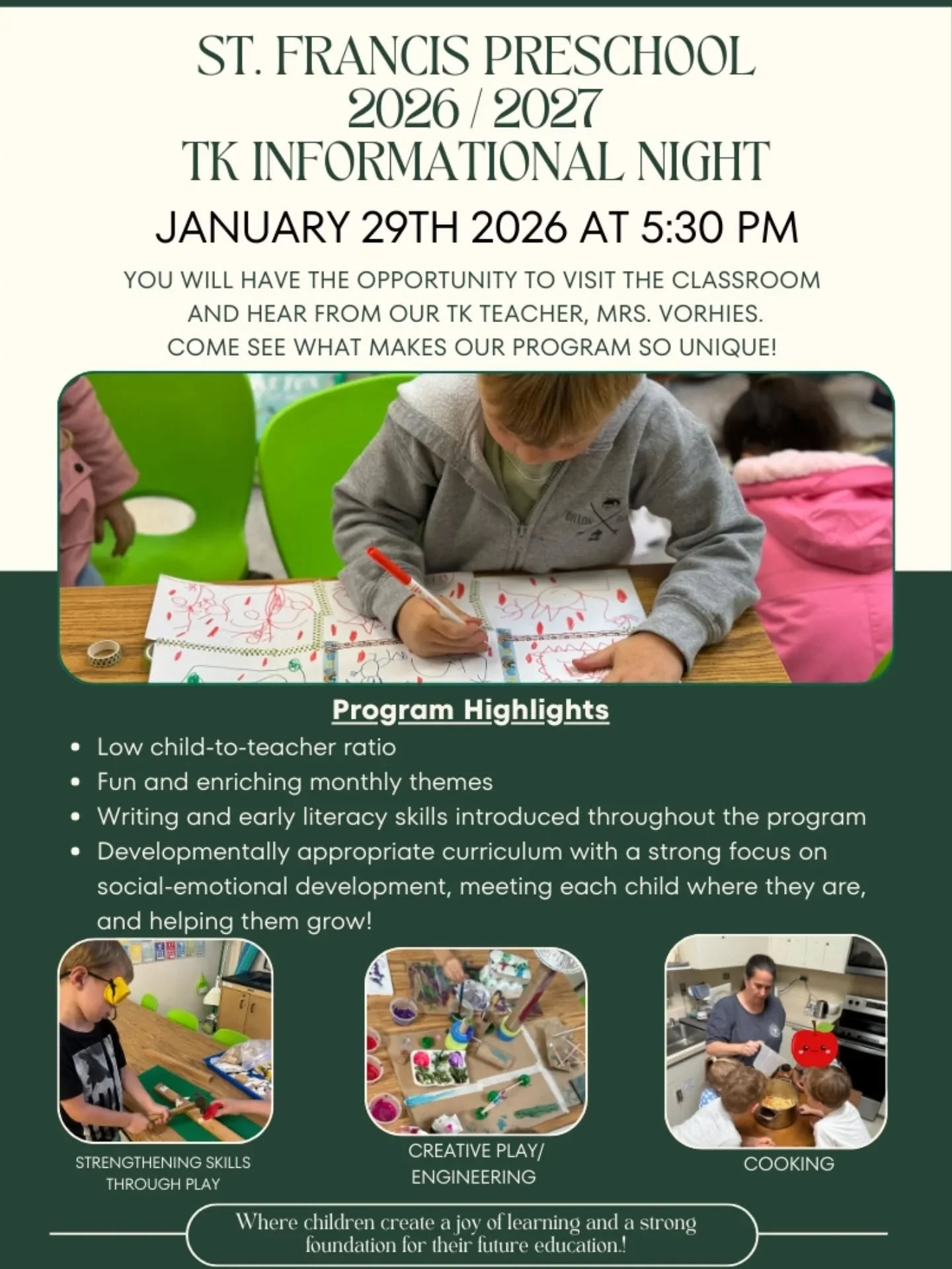 TK Informational Night &ndash; Thursday, January 29 5:30&ndash;6:30 p.m.

Is your child turning 4 years old between September 2, 2026, and August 2, 2027? Join us to learn more about our Transitional Kindergarten (TK) program.

Come meet Mrs. Vorhies