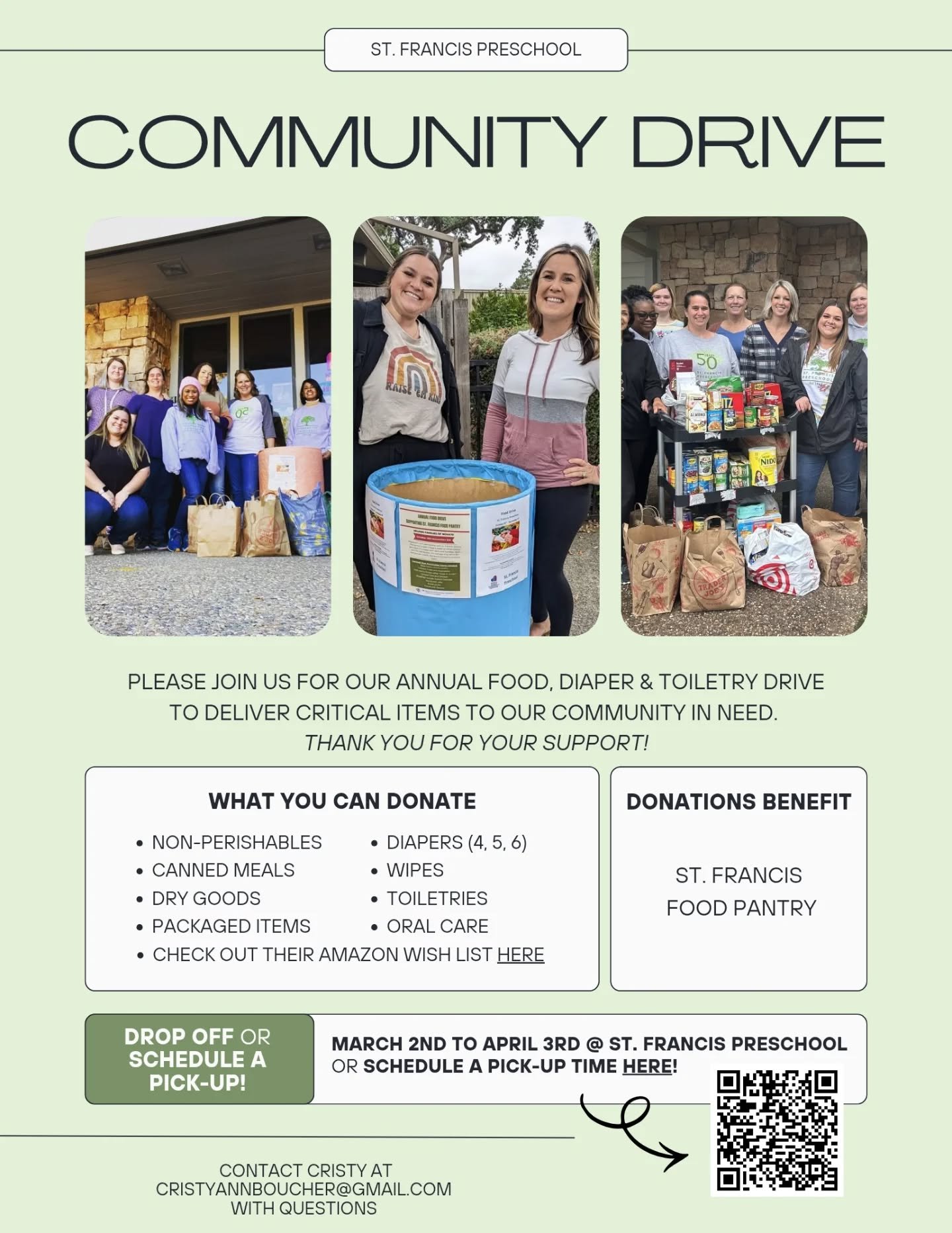 Starting today, we are hosting a diaper and toiletries drive to support our neighboring church pantry, St. Francis Community Pantry. Here are 3 ways you can get involved:

🪥 Drop off your donation at school. A donation bin will be available outside 