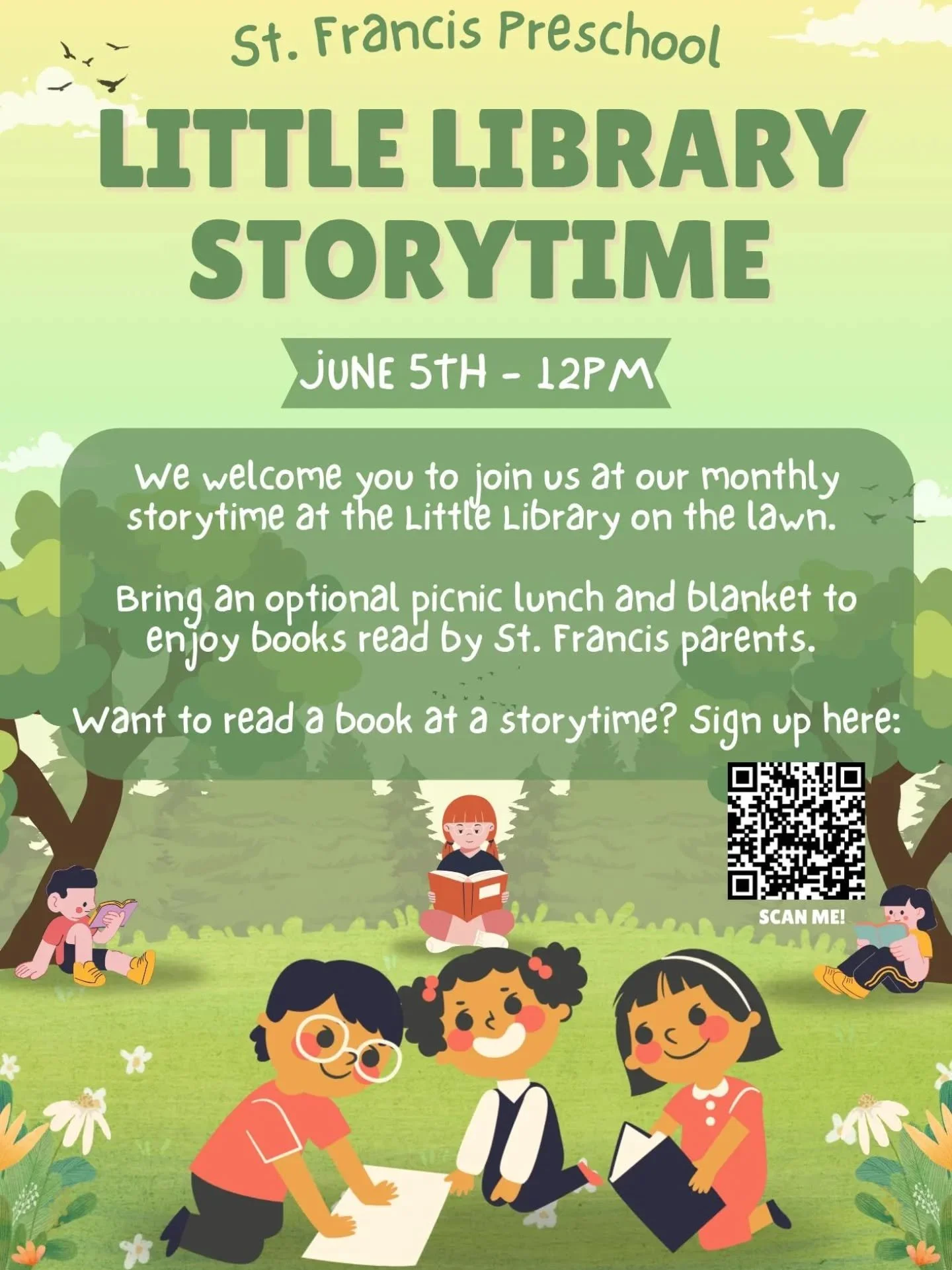 This Friday June 5th join us for our last storytime of the school year ! We hope to see you there :)