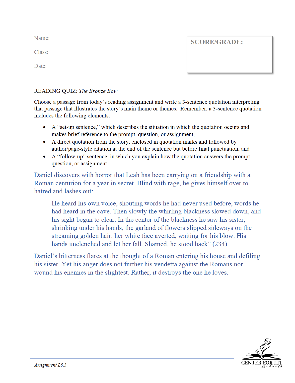 Theme 16 Reading Quiz 3Sentence Quotation Discussing Theme