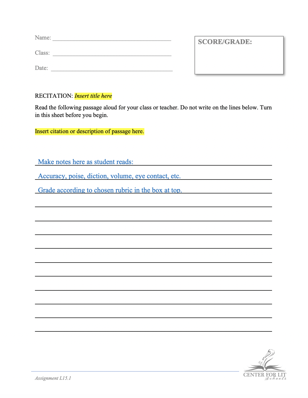 Recitation 4 - Oral Reading Assignment Form