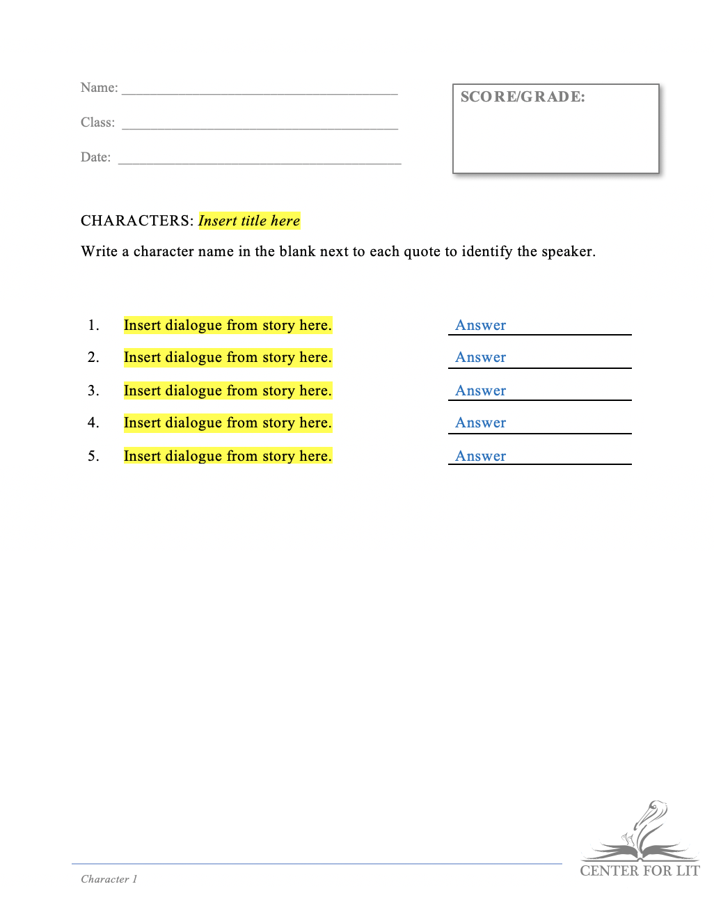 Character 1 - Reading Quiz: ID/Selection Exercise