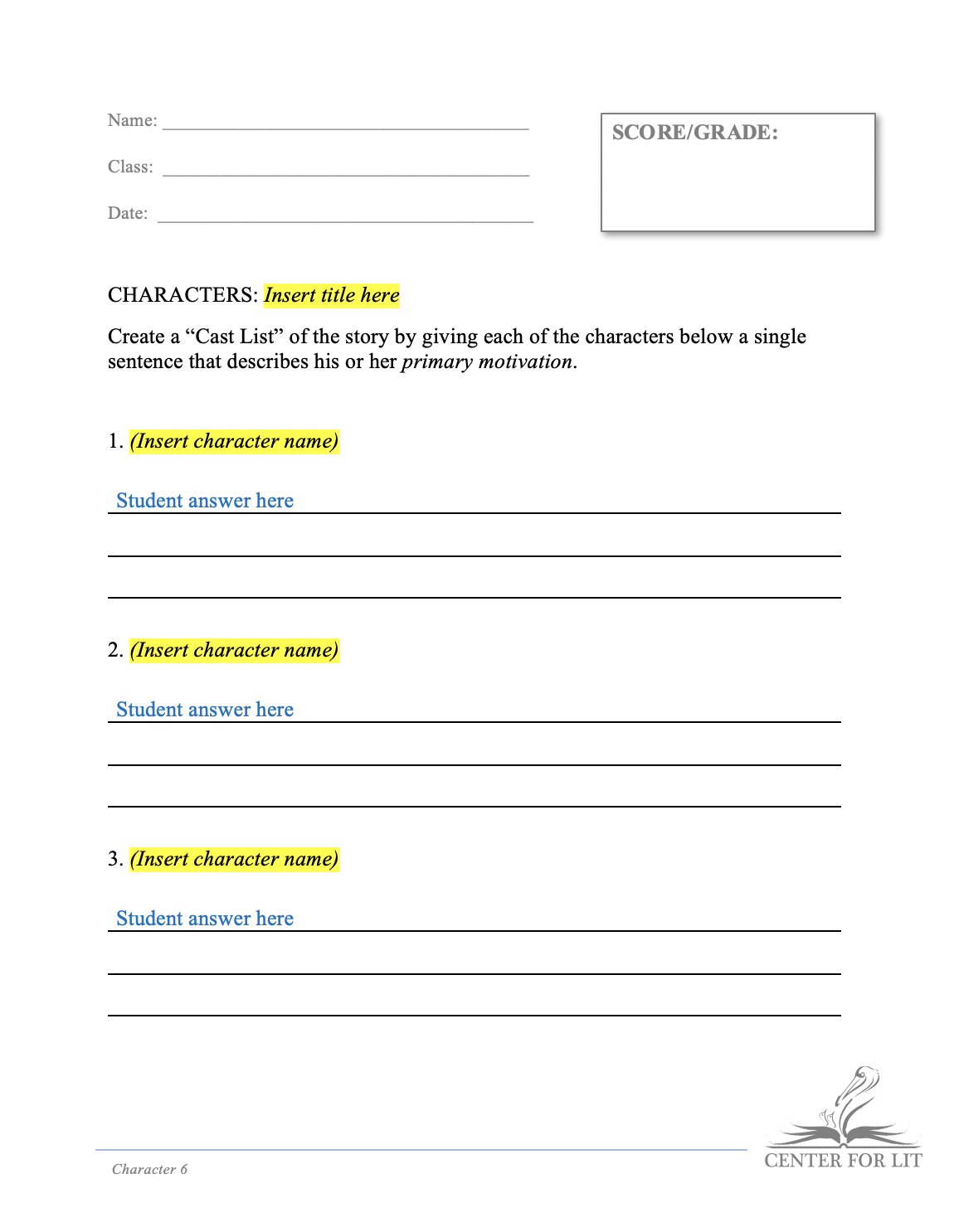Character 6 - Cast List Exercise: Motivations