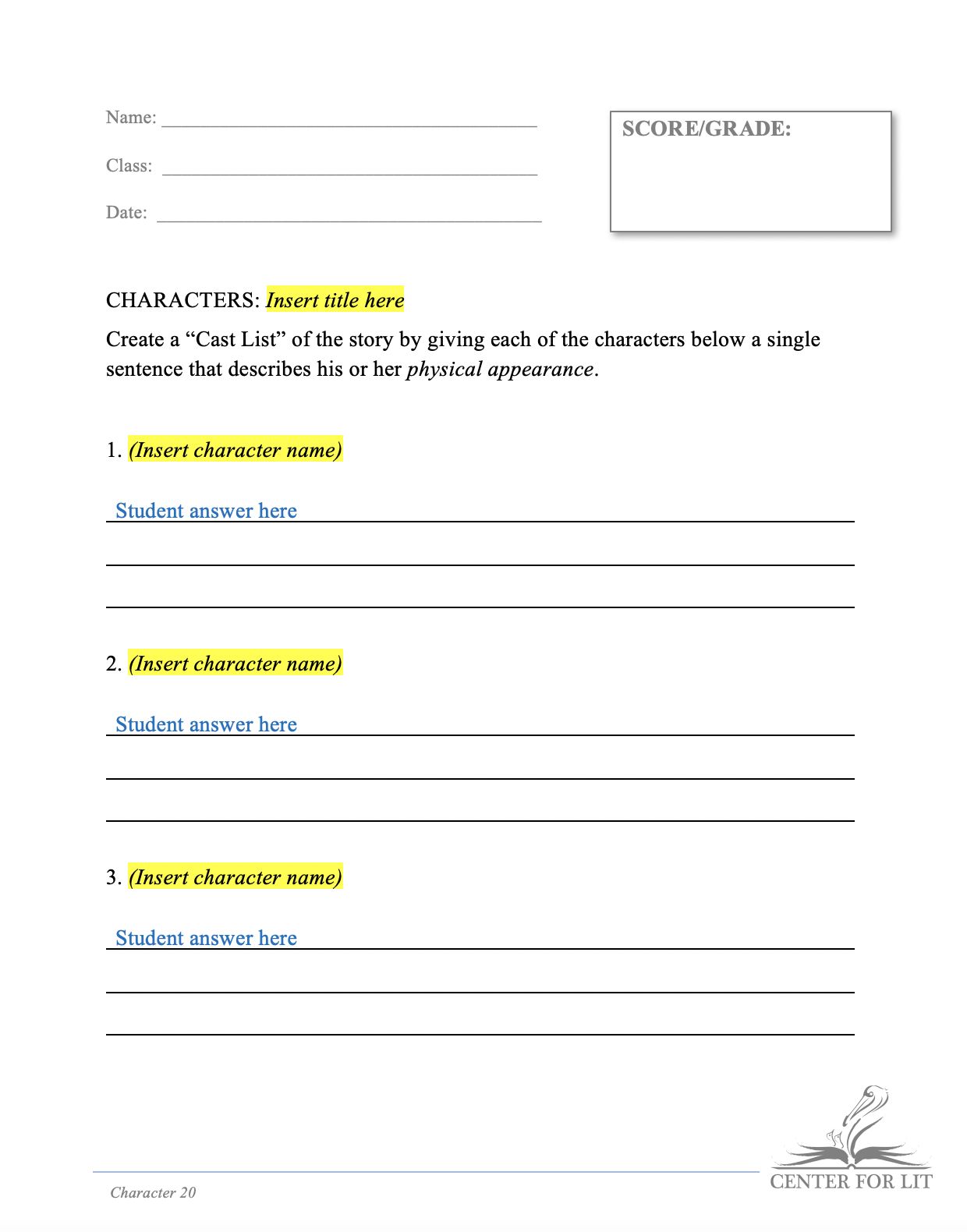 Character 20 - Cast List Exercise: Physical Descriptions