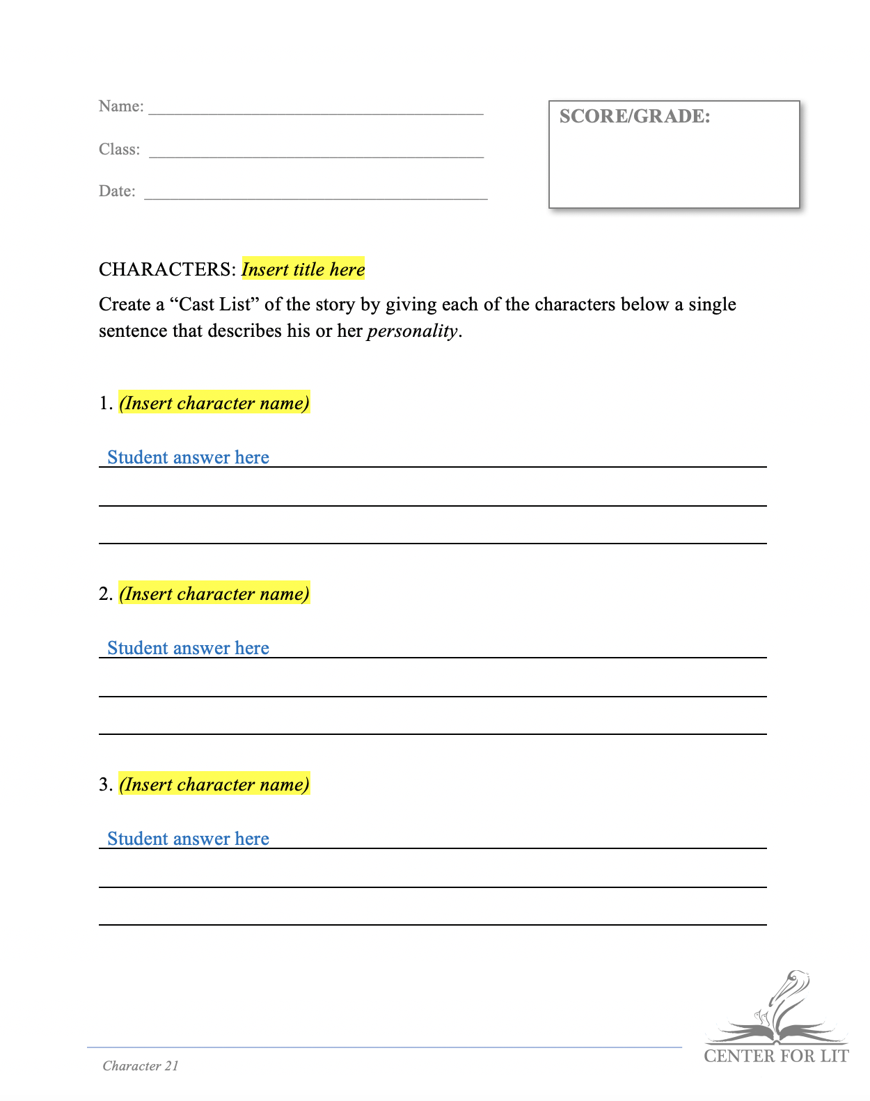 Character 21 - Cast List Exercise: Personalities