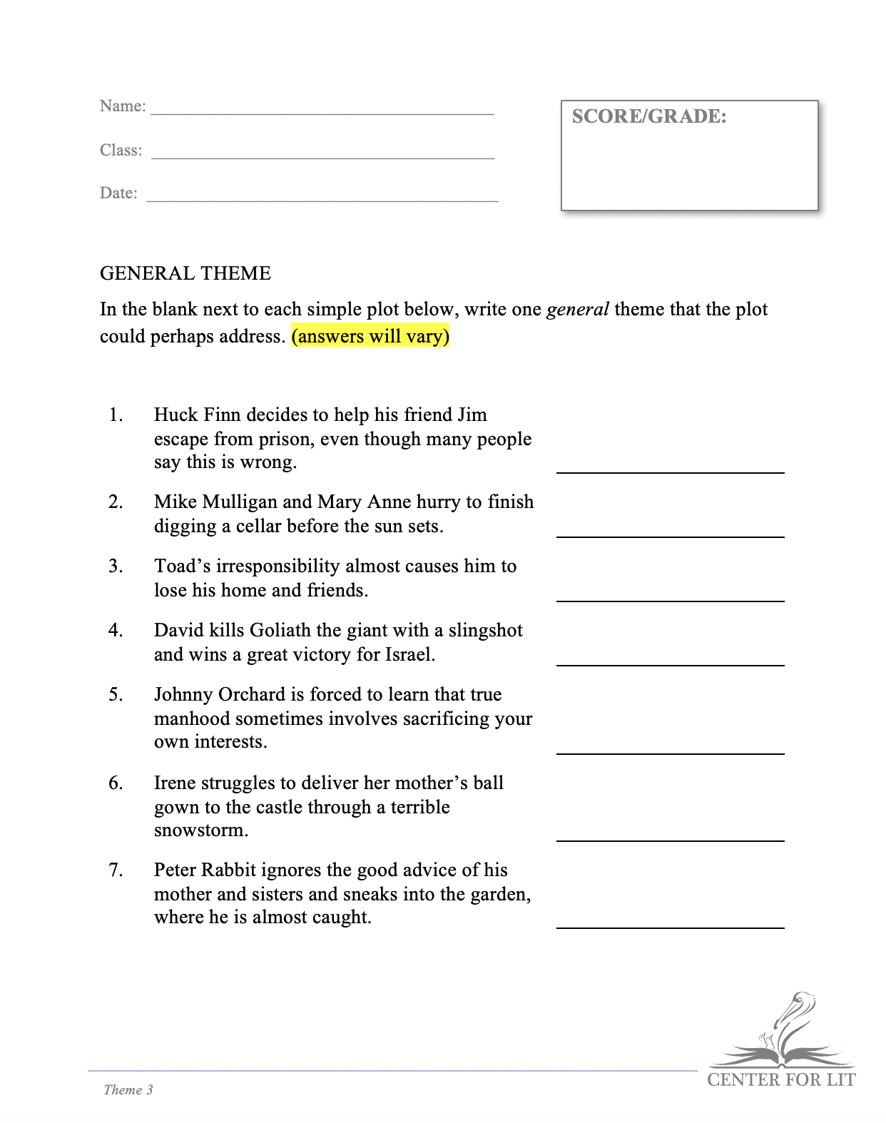 Theme 3 - Creative Writing Exercise: Give General Theme to Simple Plots
