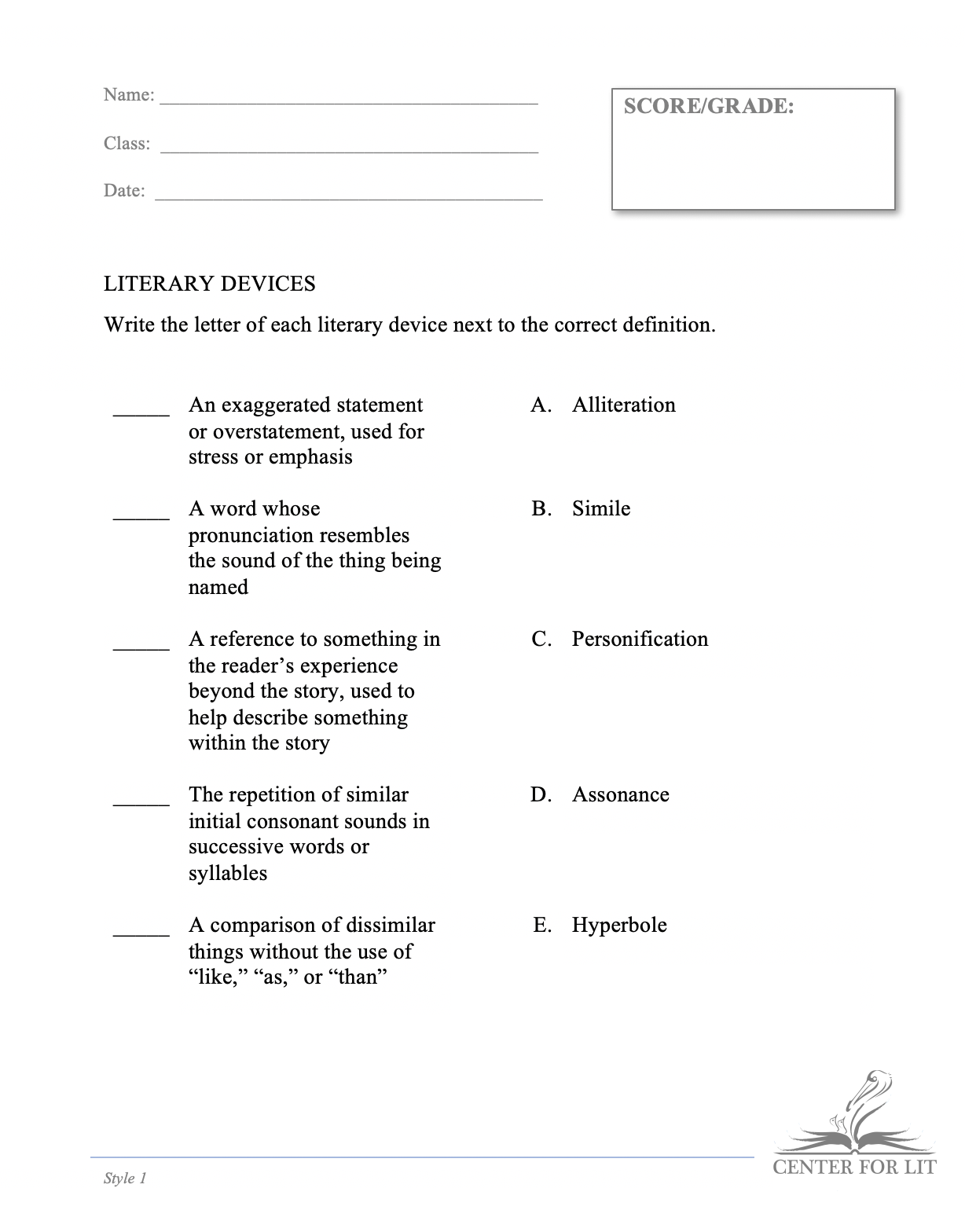Style 1 - Matching Exercise: Define Literary Devices