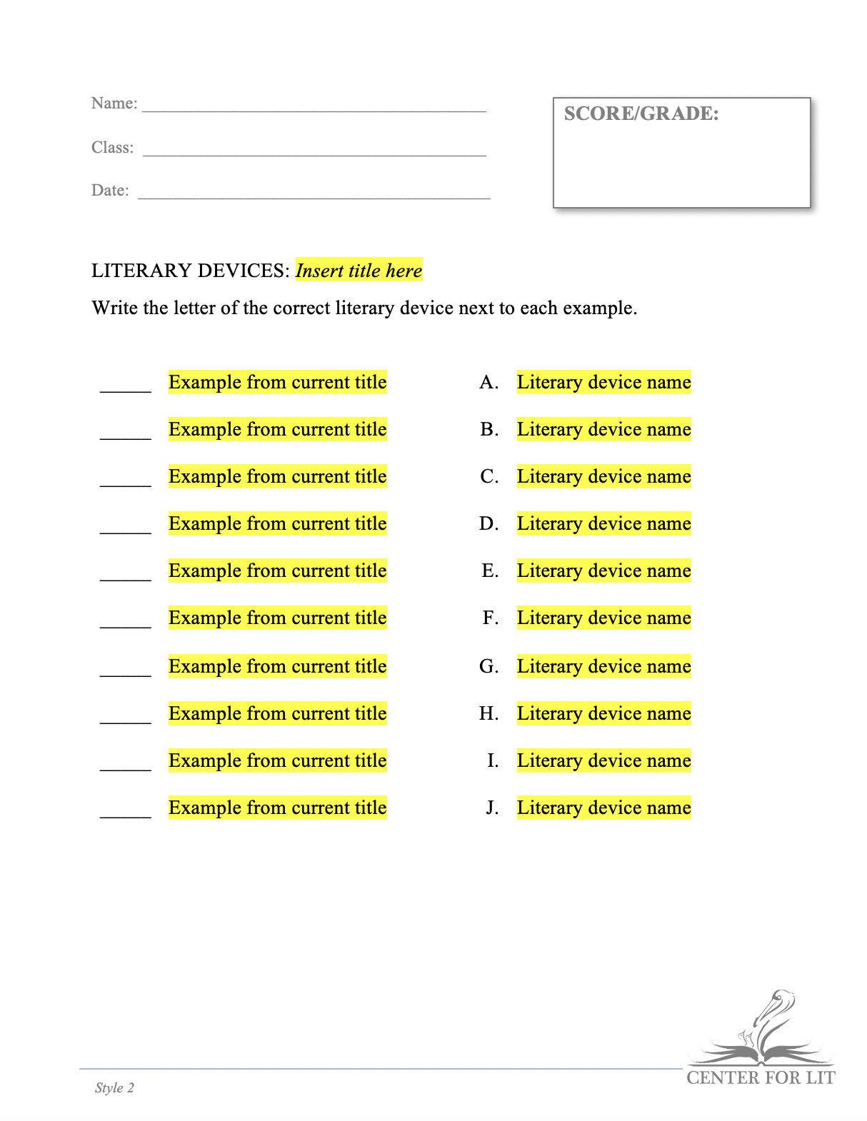Style 2 - Matching Exercise: Identify Literary Devices
