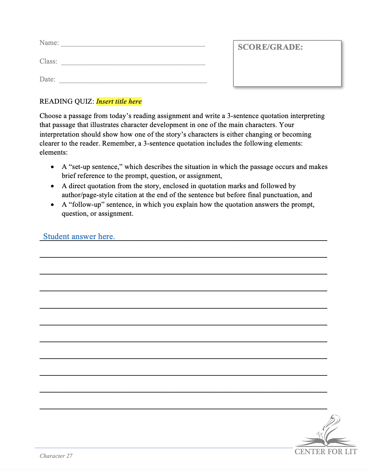 Character 27 - Reading Quiz: 3-Sentence Quotation Discussing Characters
