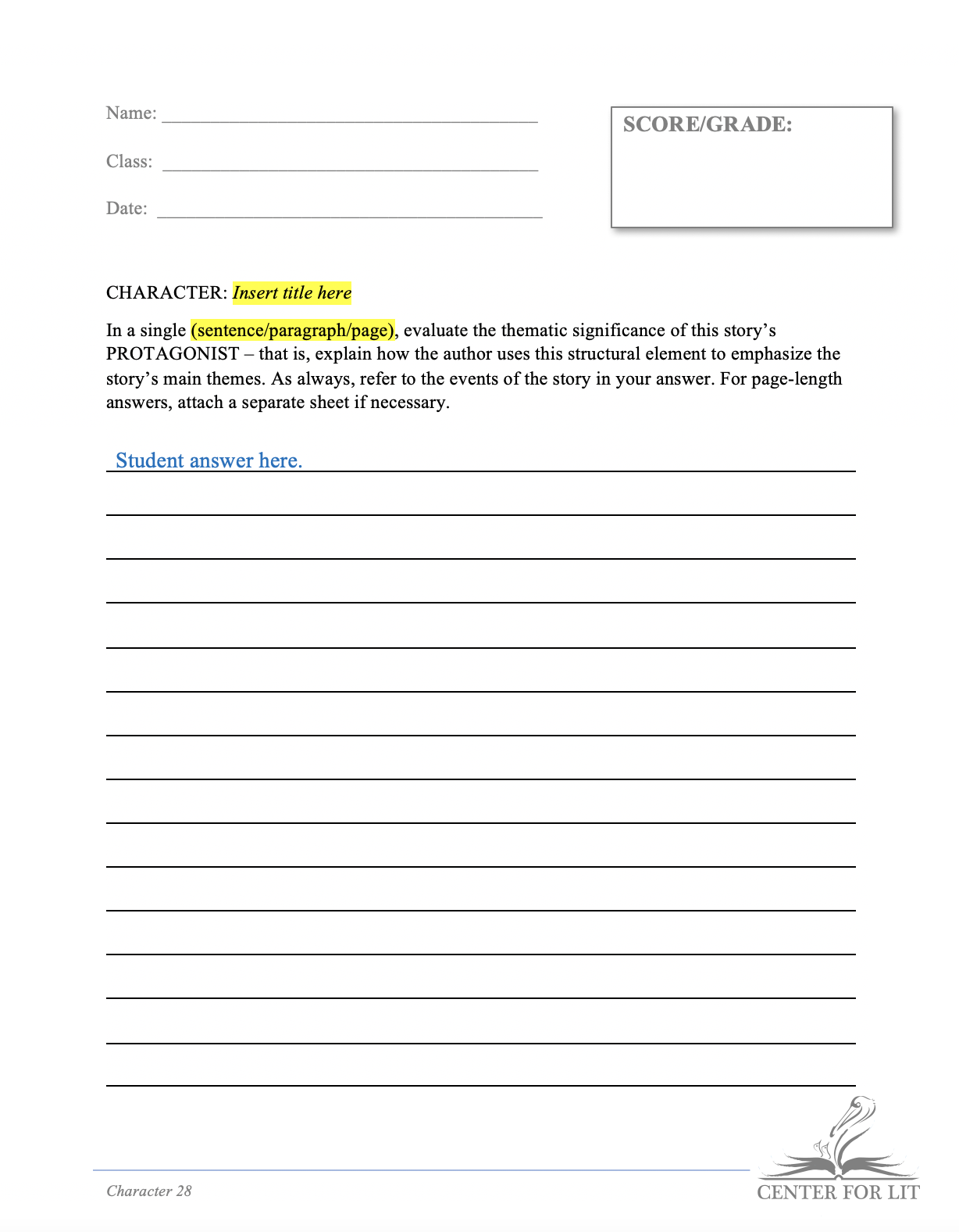 Character 28 - Short Answer Exercise: Relate Protagonist to Theme
