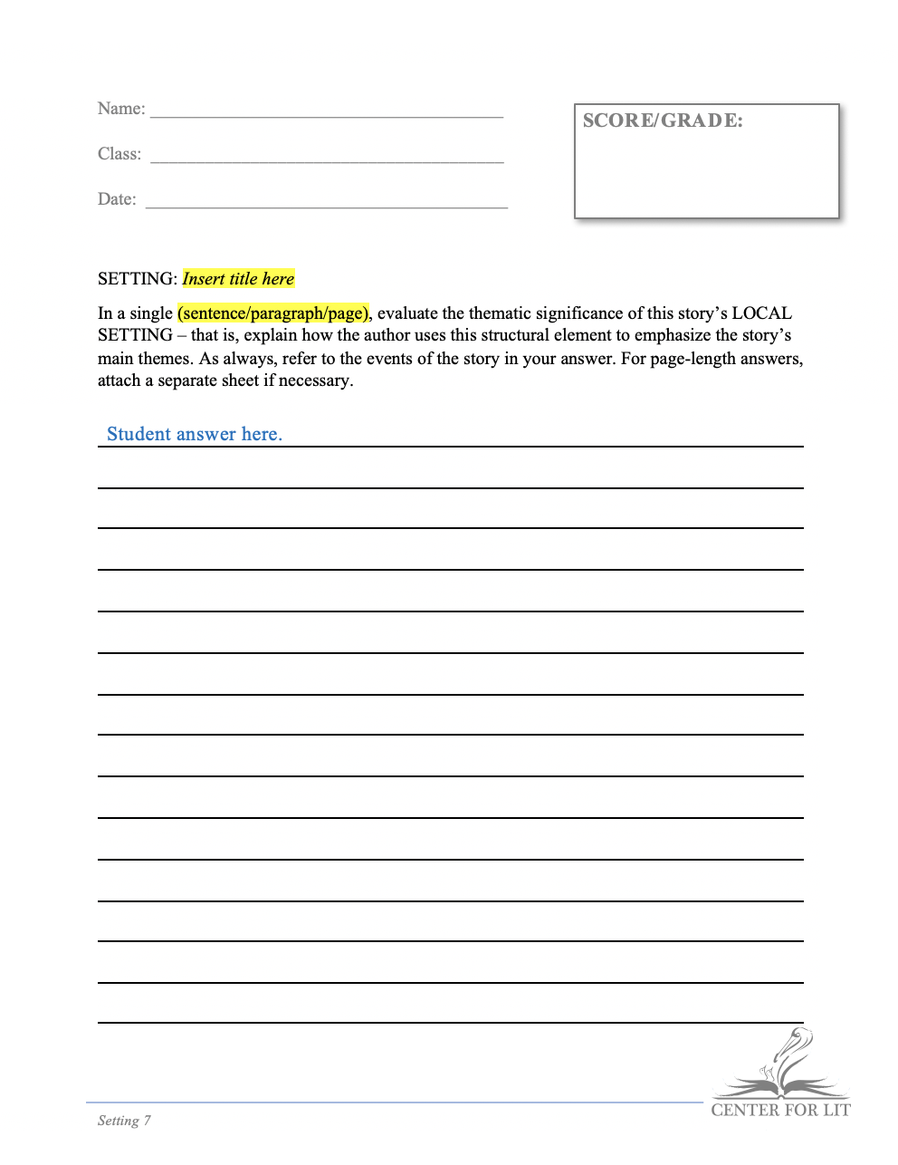 Setting 7 - Short Answer Exercise: Relate Local Setting to Theme