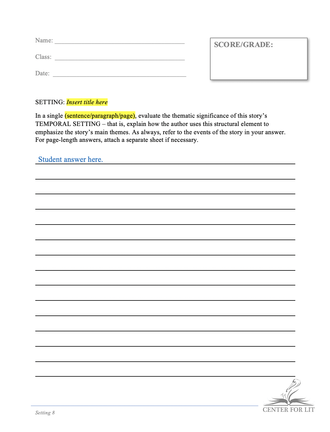 Setting 8 - Short Answer Exercise: Relate Local Setting to Theme