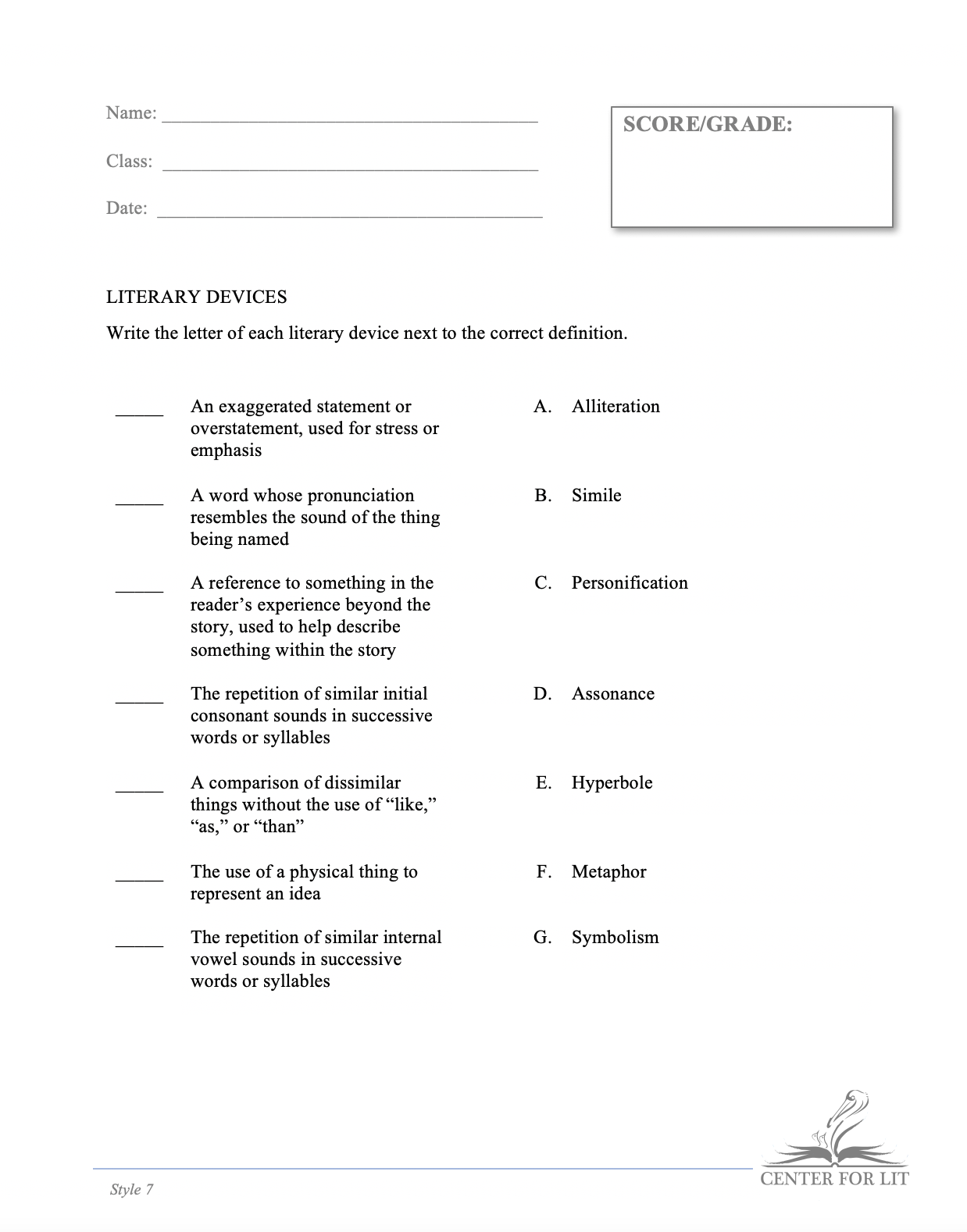 Style 7 - ID/Selection Exercise: Define Literary Devices