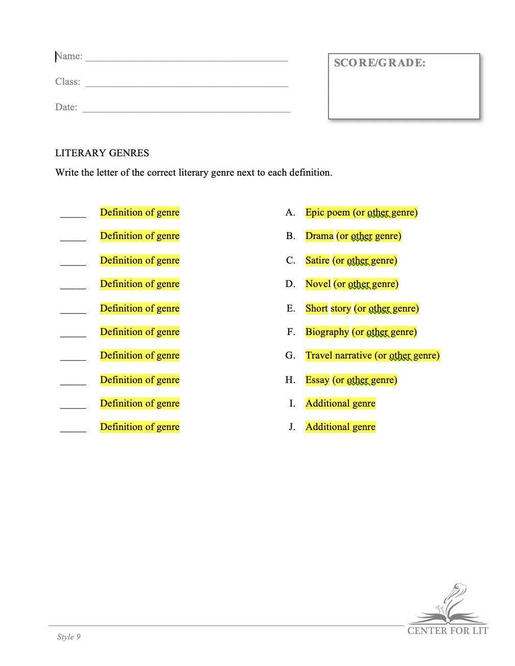 Style 9 - ID/Selection Exercise: Define Literary Genres