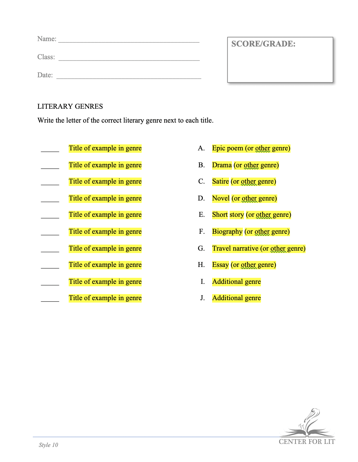Style 10 - ID/Selection Exercise: Identify Literary Genres