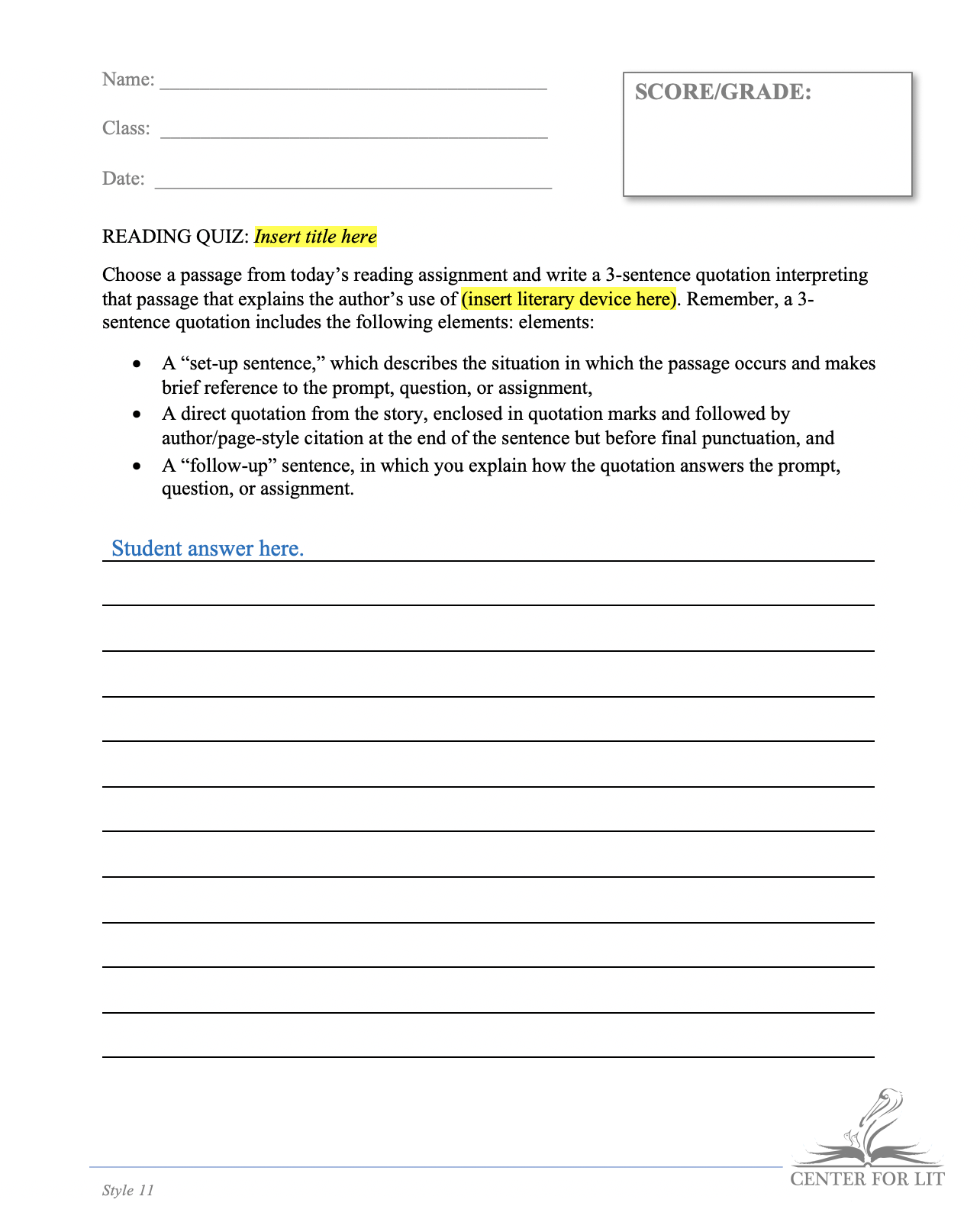 Style 11 - Reading Quiz: 3-Sentence Quotation on Literary Devices