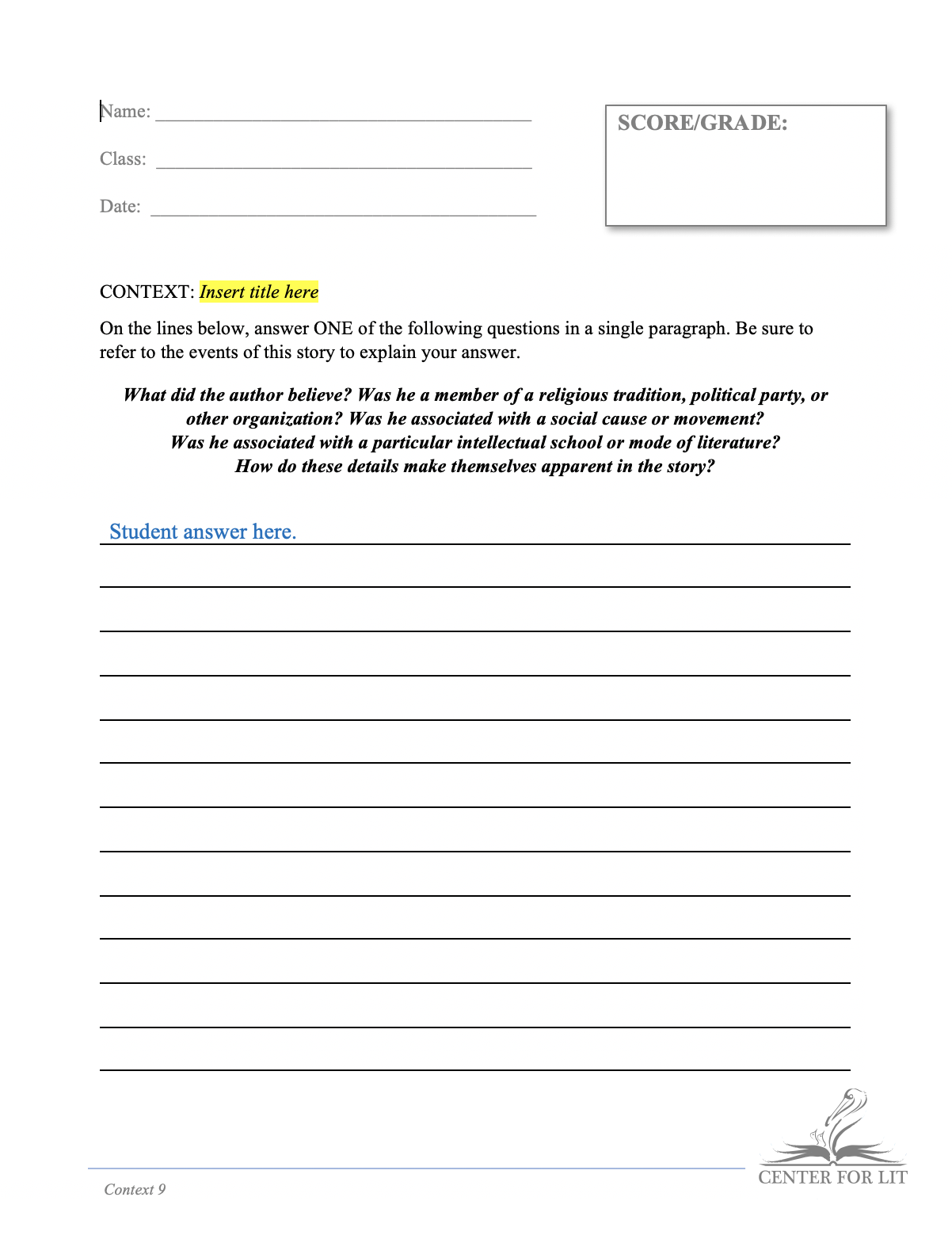 Context 9 - Short Answer Exercise: Compare Details of the Author’s Beliefs to Themes of the Current Story	