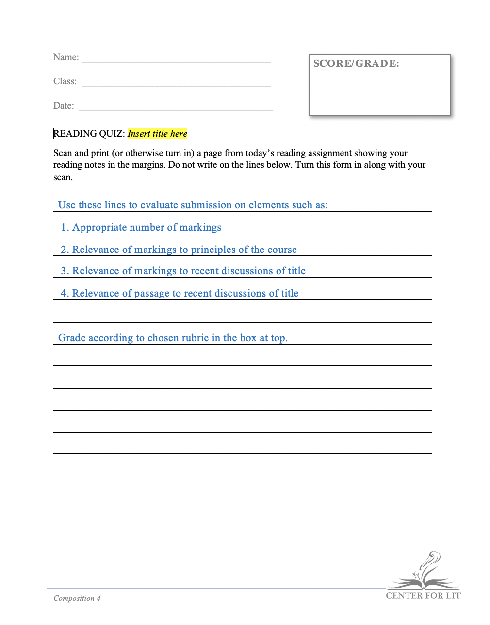 Composition 4 - Notation Exercise: Present Reading Notes for Inspection