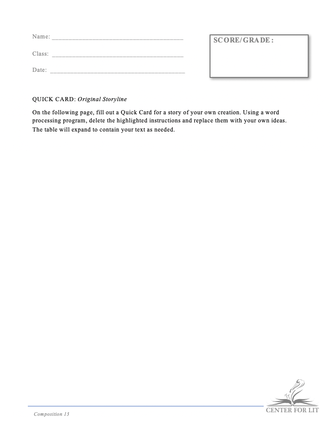 Composition 13 - Creative Writing Exercise: Quick Card of Original Story Line