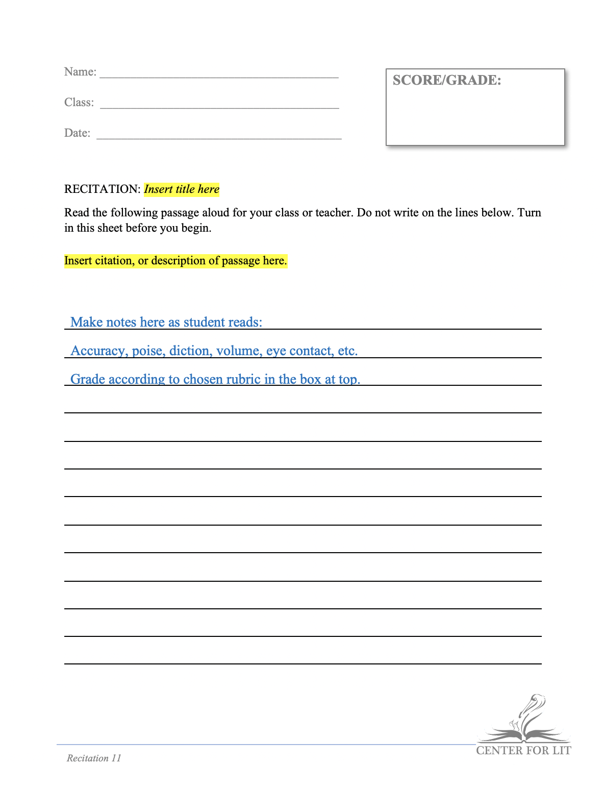 Recitation 11 - Oral Reading Assignment Form