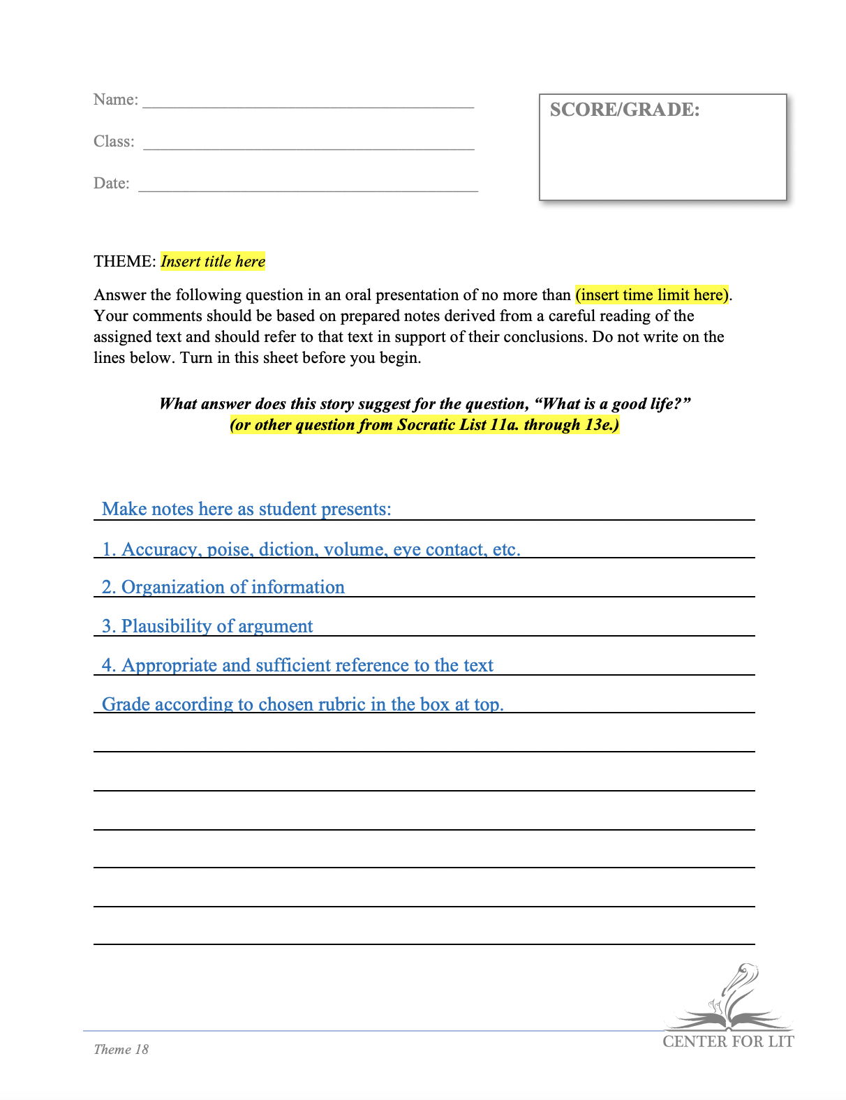 Theme 18 - Oral Presentation Exercise: Theme of Current Title