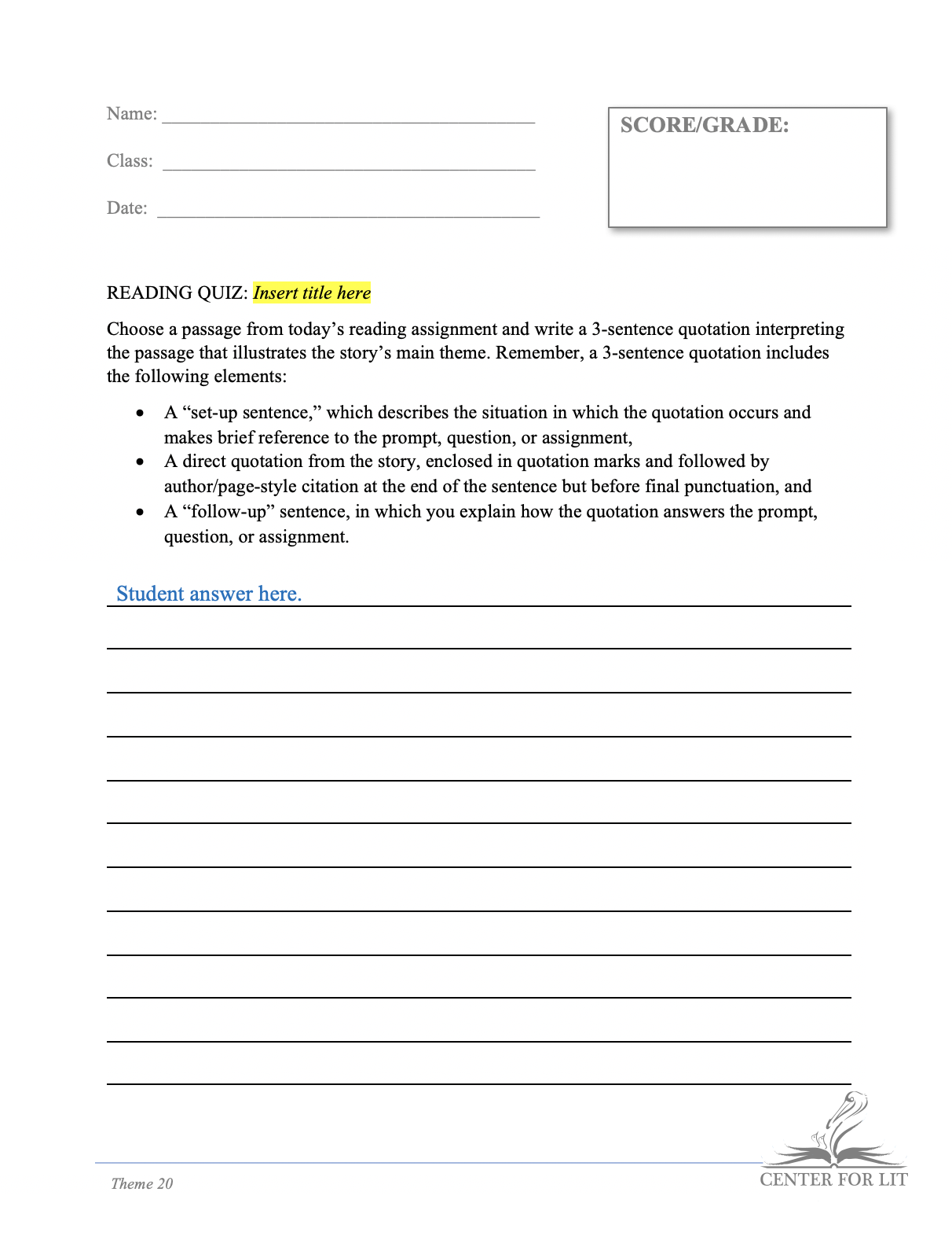Theme 20 - Reading Quiz: 3-Sentence Quotation Illustrating Theme in Assigned Reading