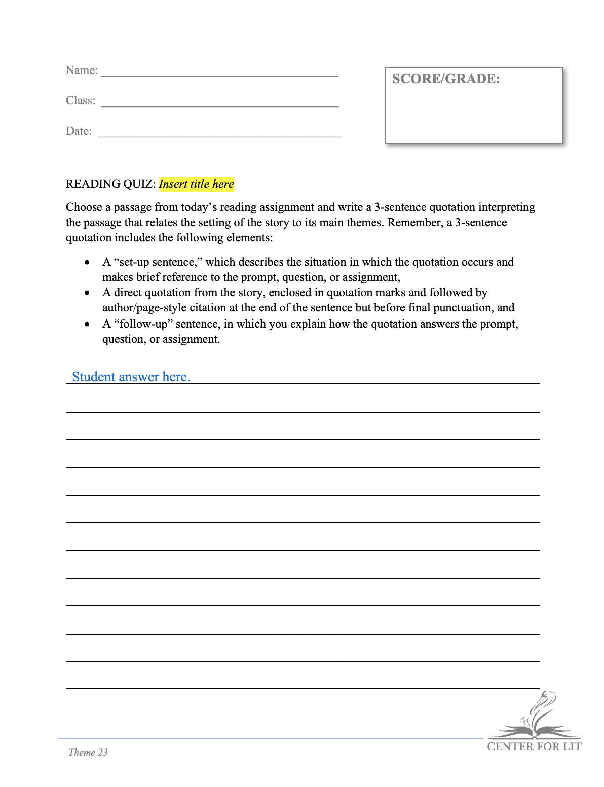Theme 23 - Reading Quiz: 3-Sentence Quotation Discussing Setting in Assigned Reading