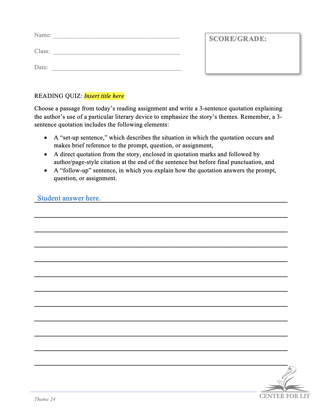 Theme 24 - Reading Quiz: 3-Sentence Quotation Explaining Literary Devices in Daily Reading