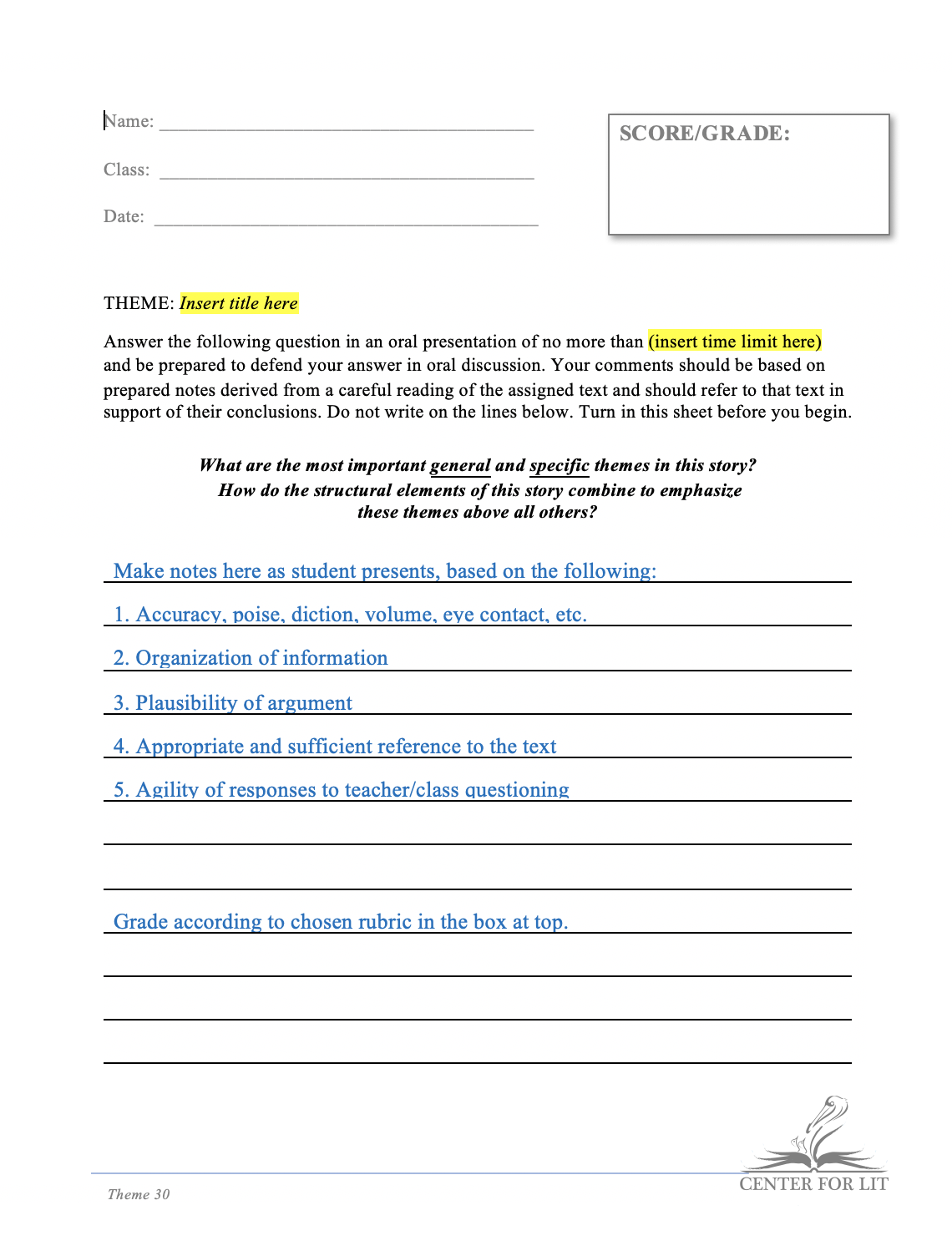 Theme 30 - Oral Presentation Exercise: Discuss General and Specific Themes of Current Title