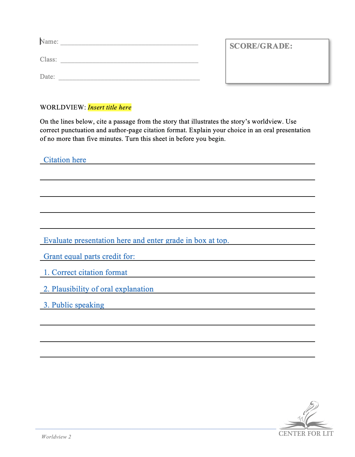 Worldview 2 - Short Answer/Citation Exercise: Quote Passage Illustrating Worldview