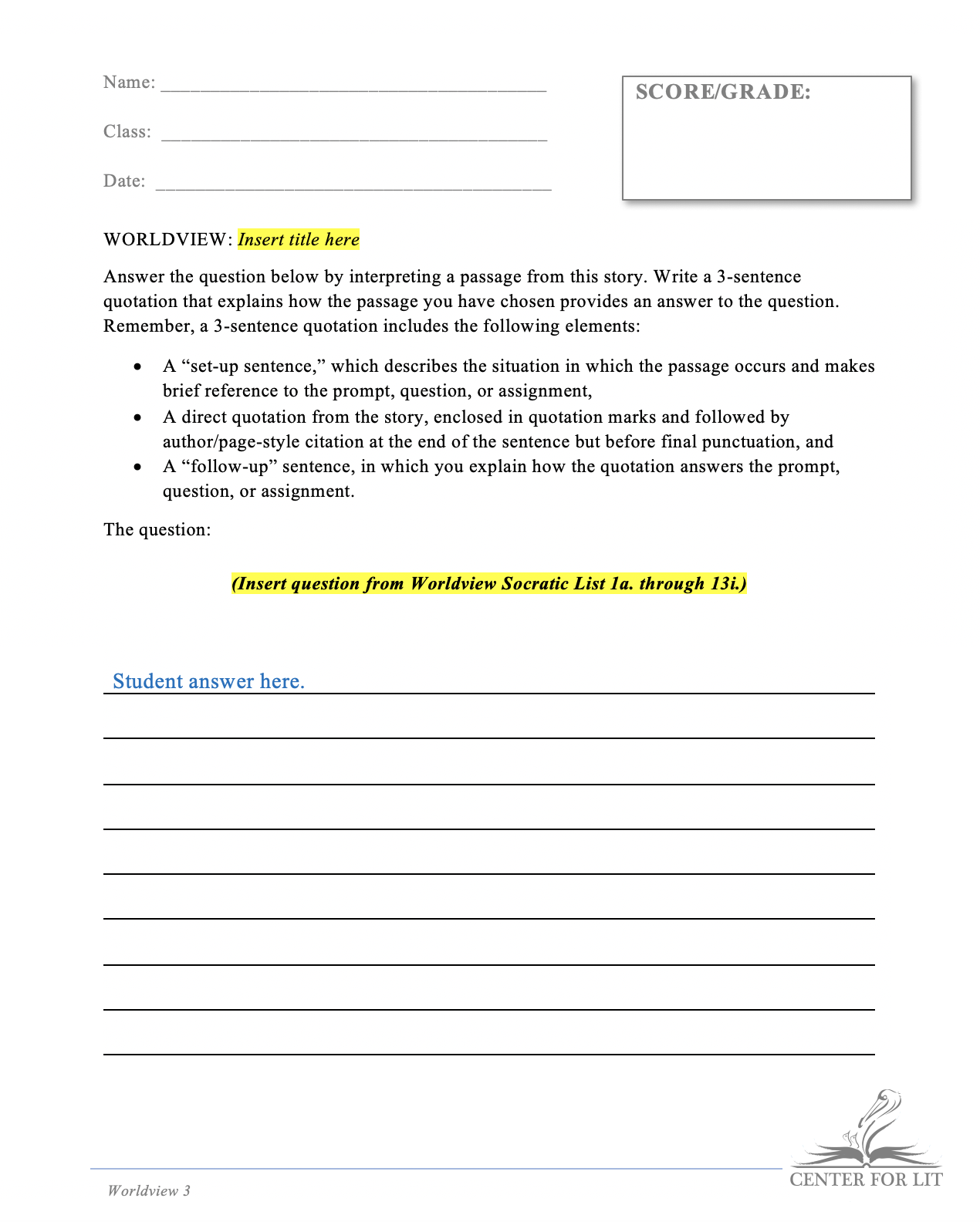 Worldview 3 - Reading Quiz: 3-Sentence Quotation Illustrating Worldview of Current Title