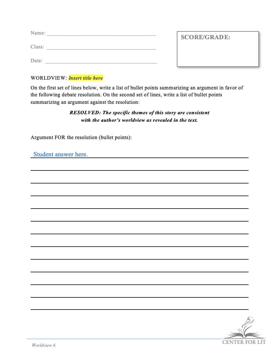 Worldview 6 - Short Answer Exercise: Debate Bullet Points on Worldview of Current Title
