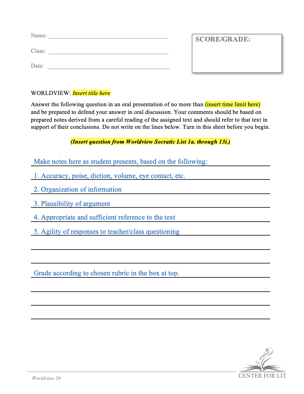 Worldview 20 - Oral Discussion Exercise: Relate Theme to Worldview