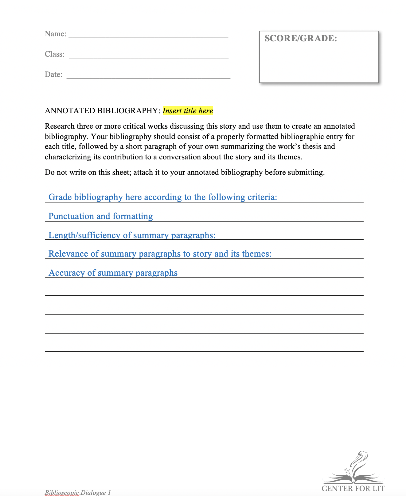 Biblioscopic Dialogue 1 - Citation Exercise: Annotated Bibliography