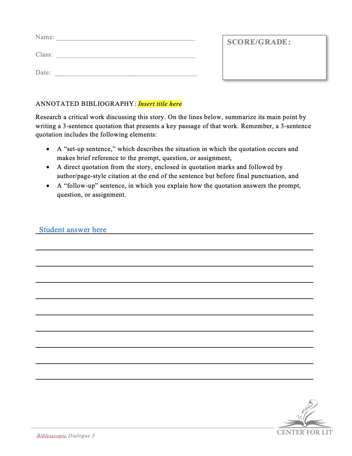 Biblioscopic Dialogue 3 - 3-Sentence Quotation Exercise: Summarize Critical Interpretation of Current Title