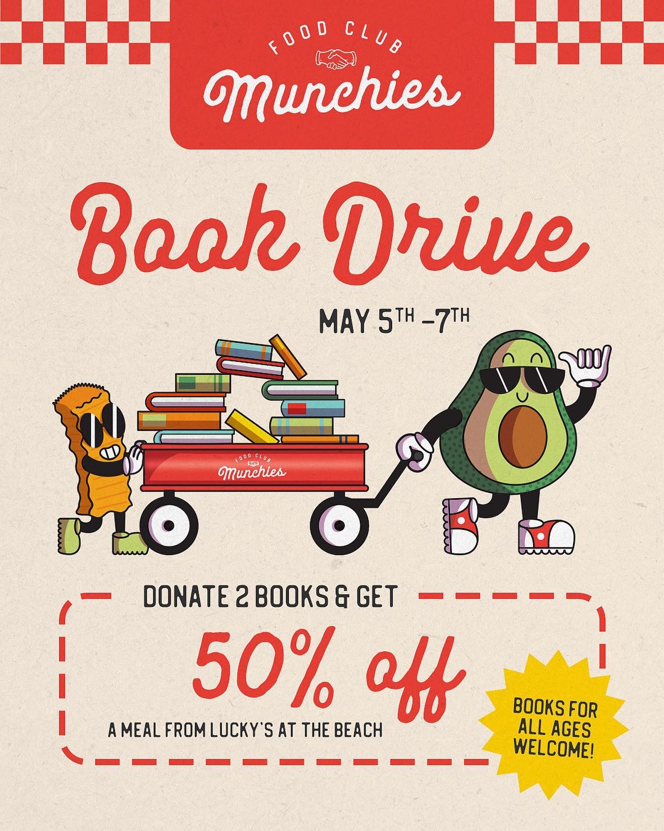 today is the last day of our book drive! 📚 come get LUCKY with 50% OFF your lucky&rsquo;s at the beach meal when you donate two books to our library. all books are welcome, especially books for the kids! 😊🍀🥪