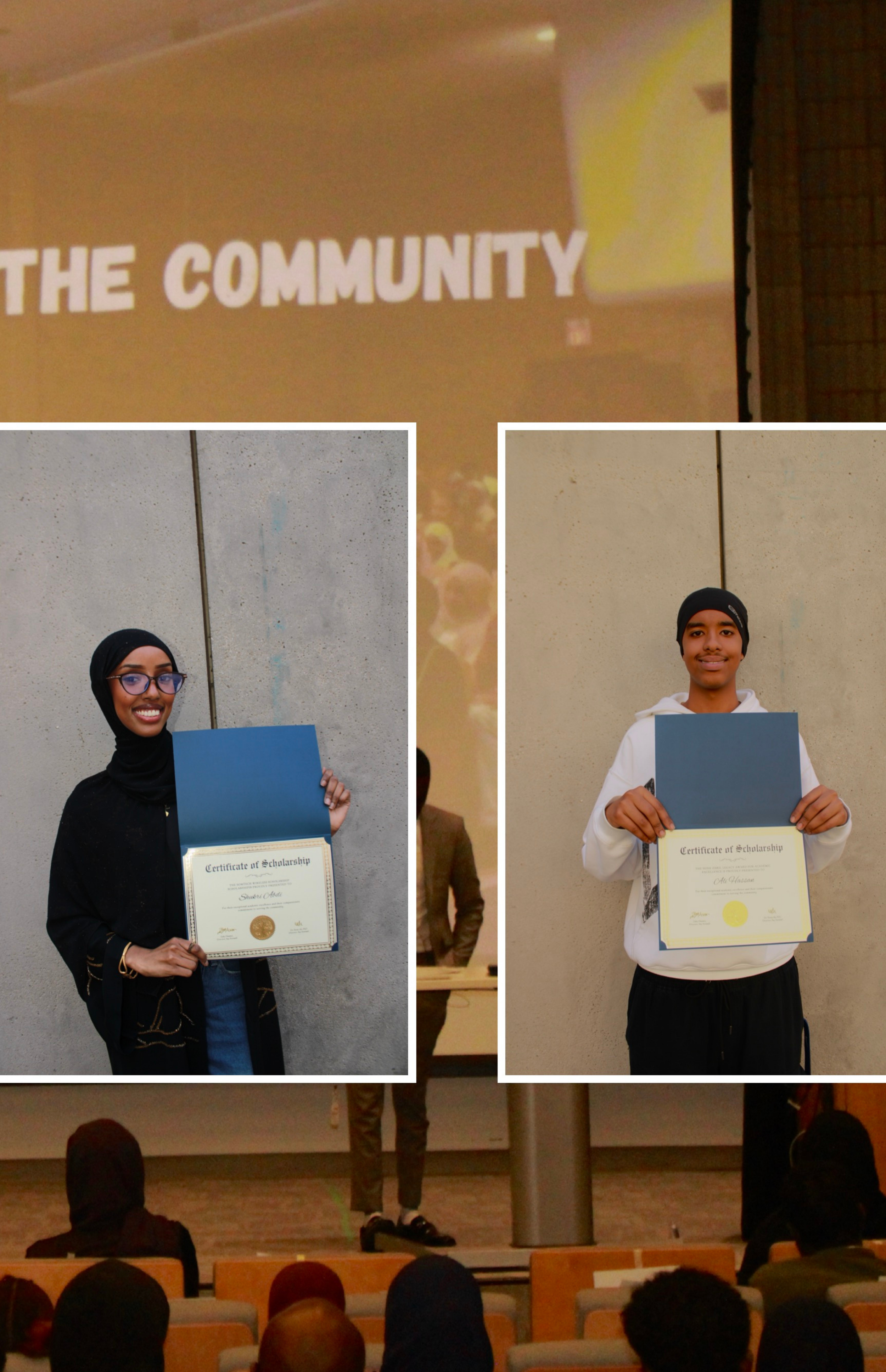 Two young individuals are holding certificates of scholarship during an event. The woman on the left is wearing glasses, a hijab, and a black outfit, while the man on the right is dressed in a white hoodie and black pants.
