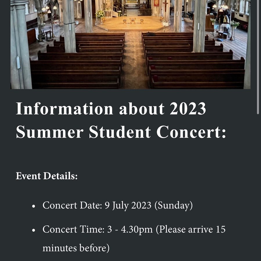 One more week to go!! Look forward to the first concert I organise for my students in London! I will be performing Haydn Sonata in the concert! 🎹

───────────────────
‣ 2023 Summer Student Concert

Date: 9 July 2023 (Sunday)

Time: 3 - 4.30pm (Pleas