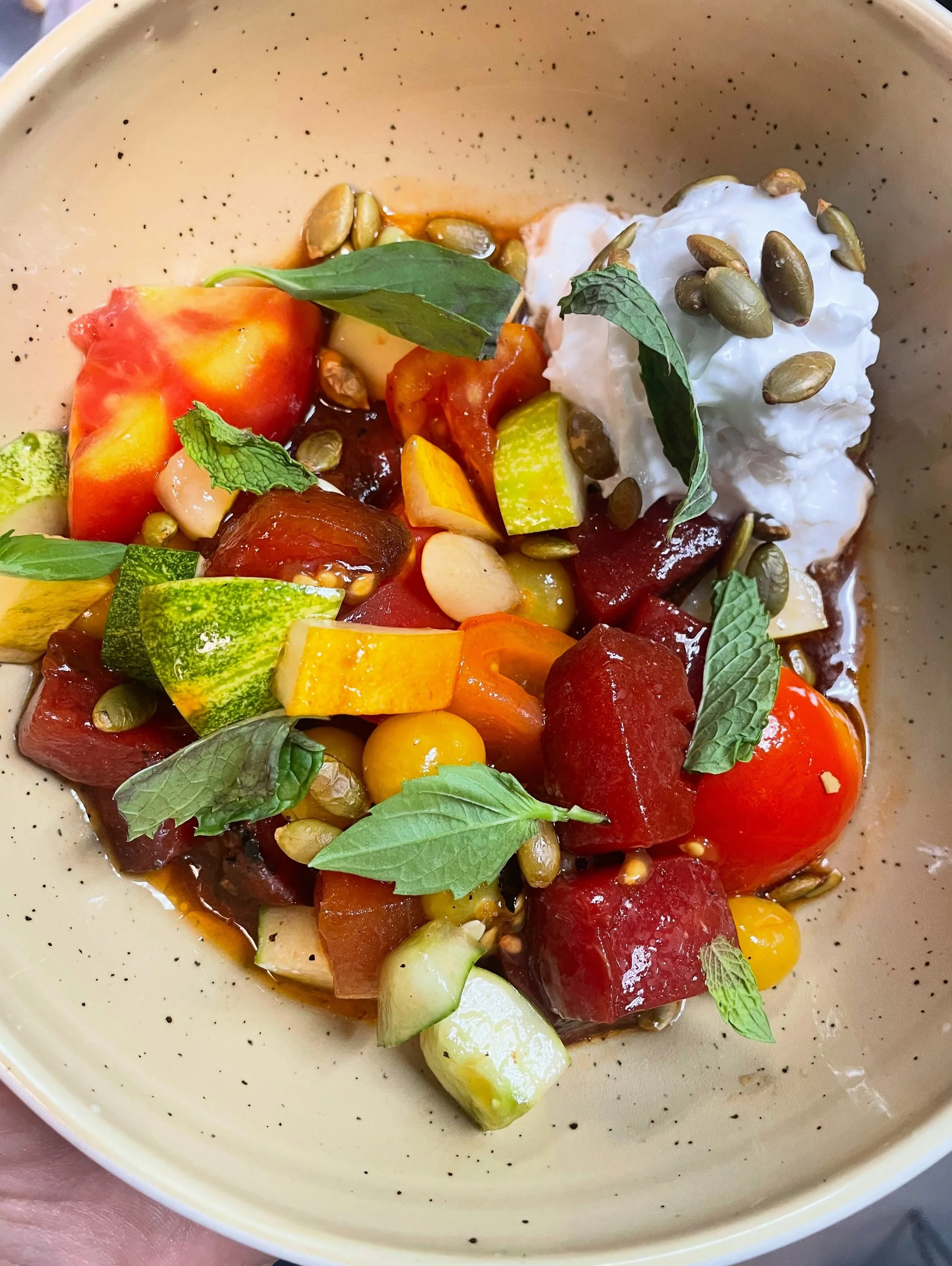 🌞 🍅 🌼

Pretty sure July was our biggest month in our 9-year history (huzzah!), so we&rsquo;re admittedly a little behind on updates. Without further ado, a few of the new!

1- Compressed Watermelon Salad, heirloom tomato, local farm cucumbers, pic